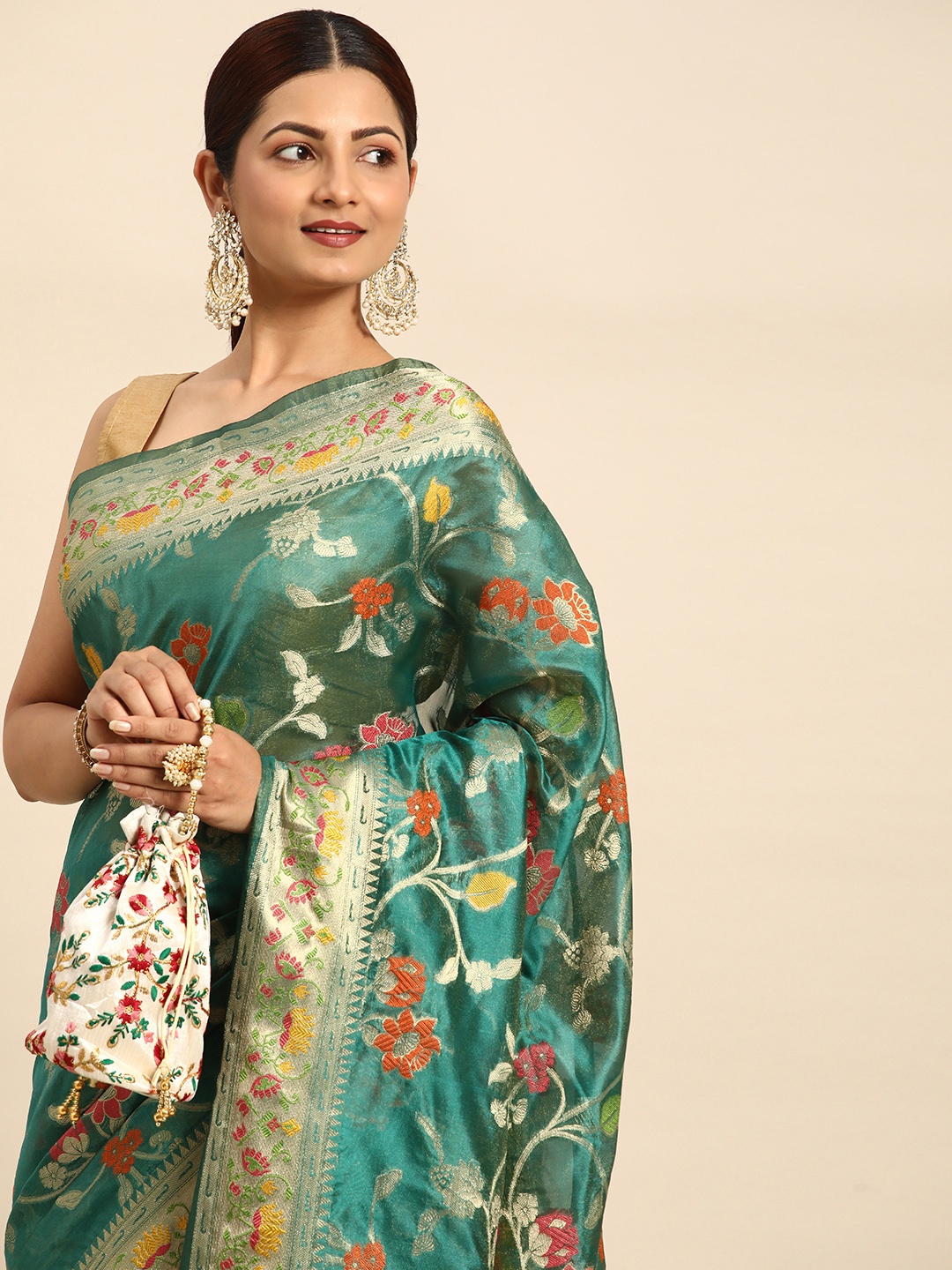 

Mitera Ethnic Motifs Zari Organza Kanjeevaram Saree, Green