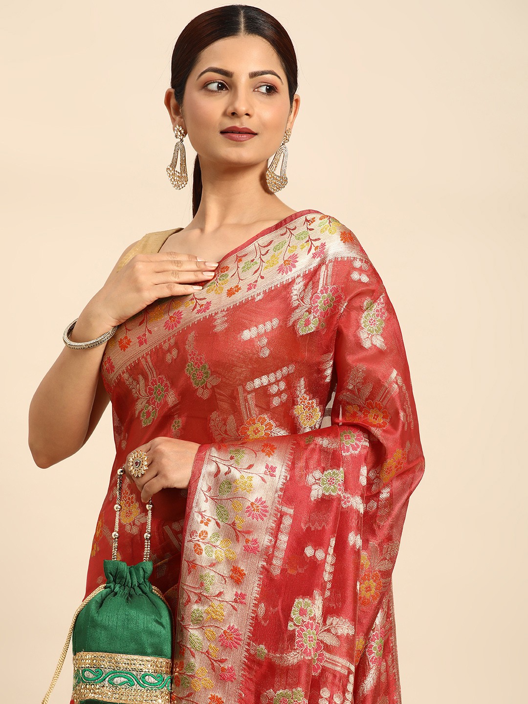 

Mitera Ethnic Motifs Zari Organza Kanjeevaram Saree, Red
