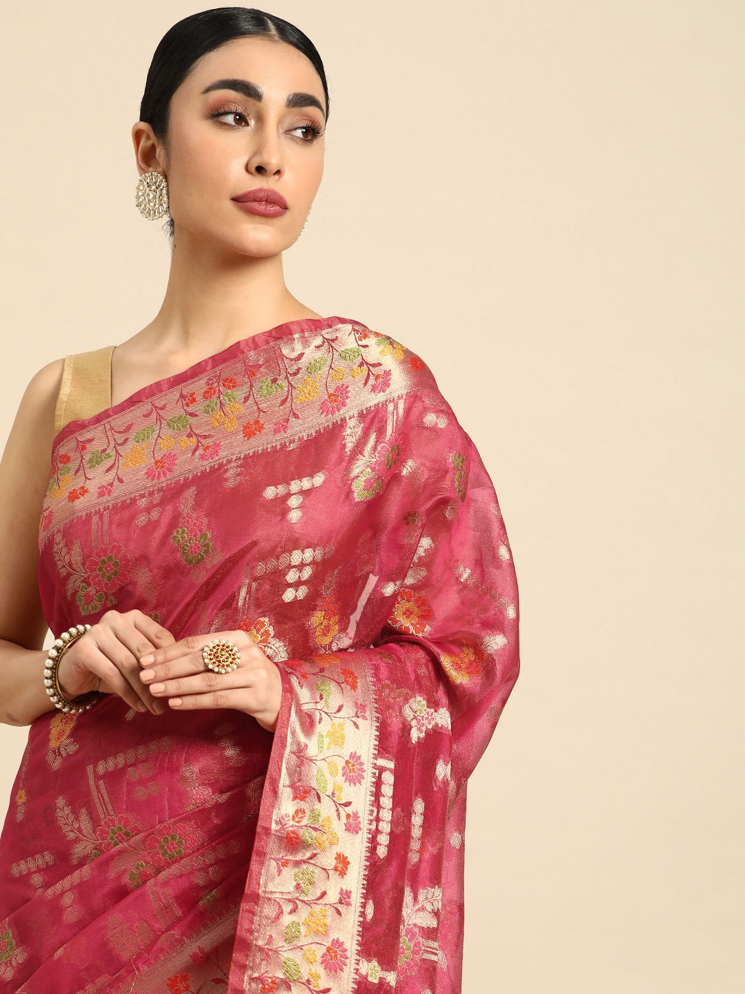 

Mitera Floral Zari Organza Kanjeevaram Saree, Pink