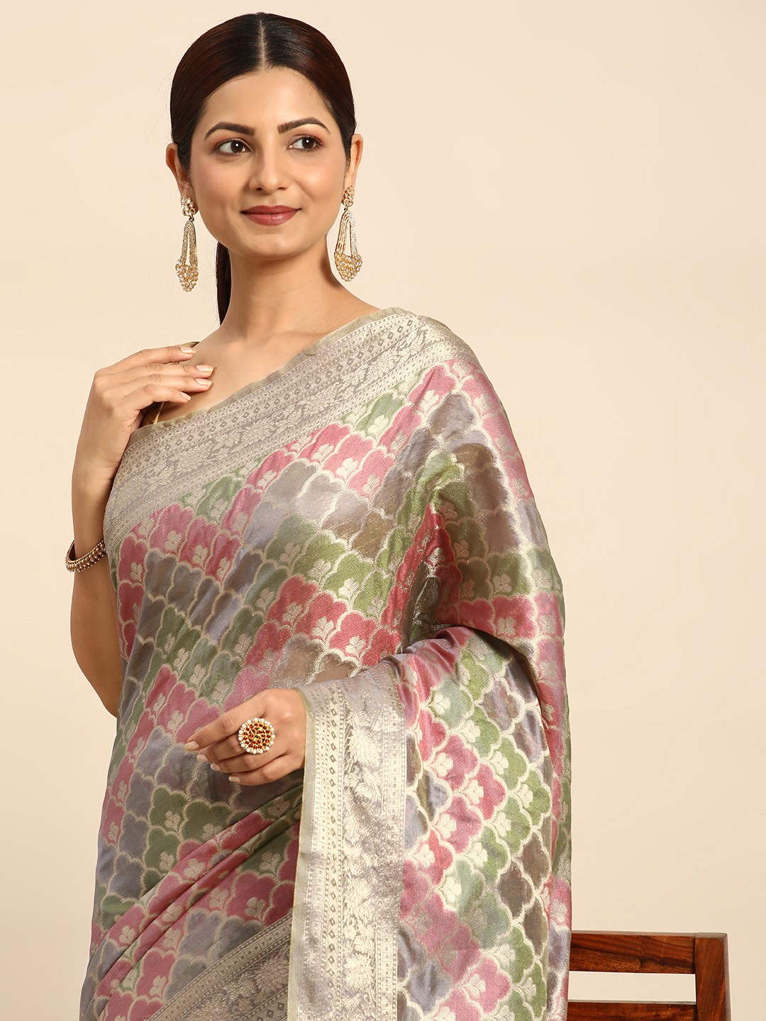 

Mitera Ethnic Motifs Zari Organza Saree, Grey