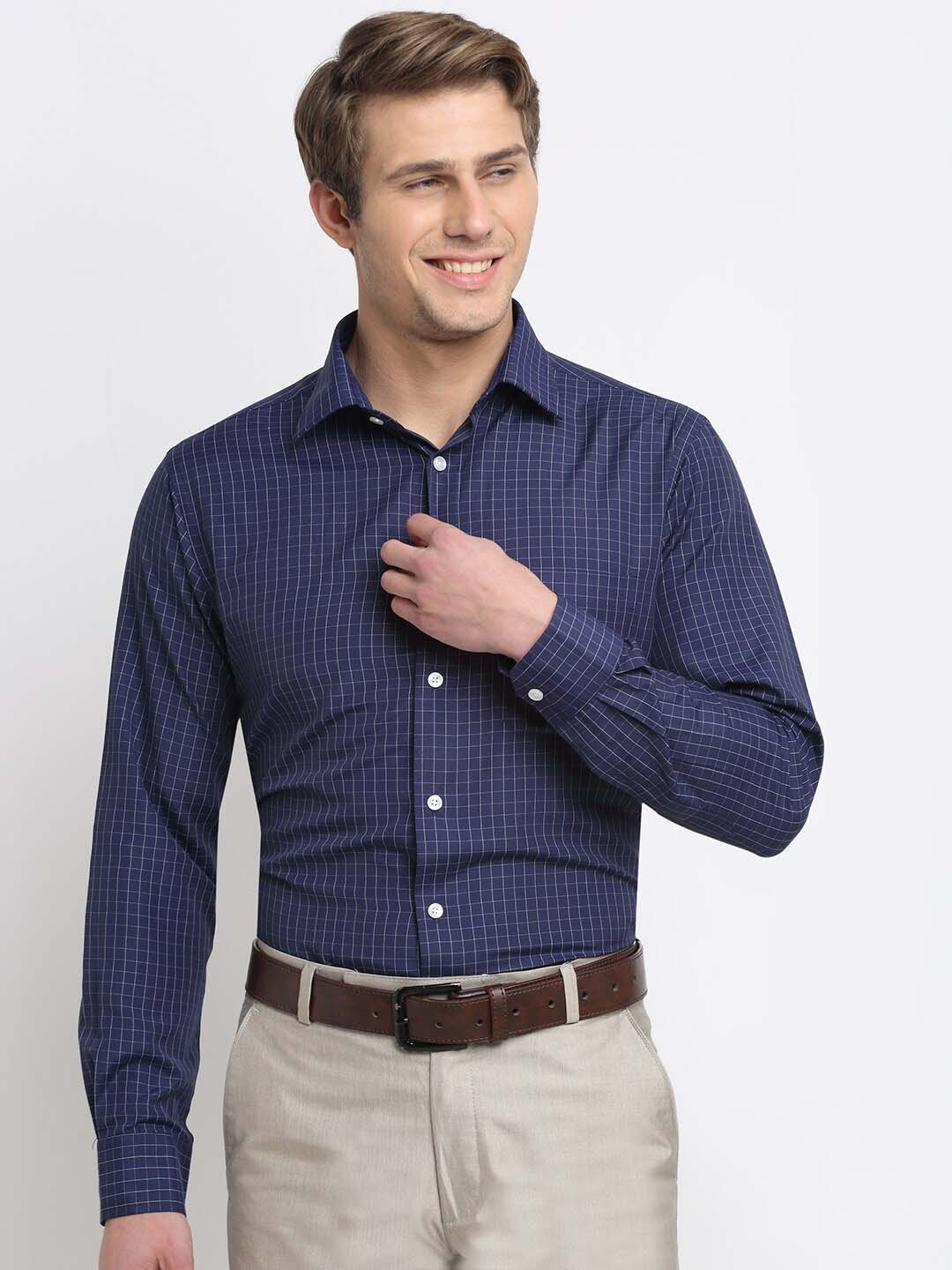

Cantabil Classic Micro Checks Cotton Formal Shirt, Navy blue
