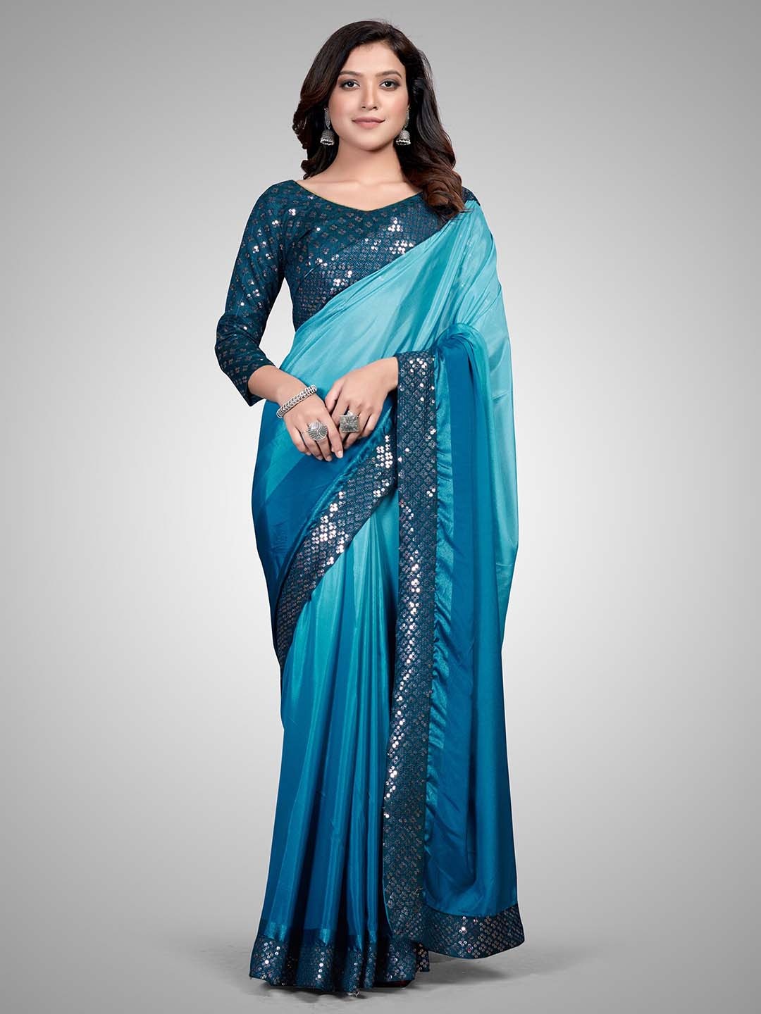 

KALINI Sequinned Embellished Saree, Turquoise blue