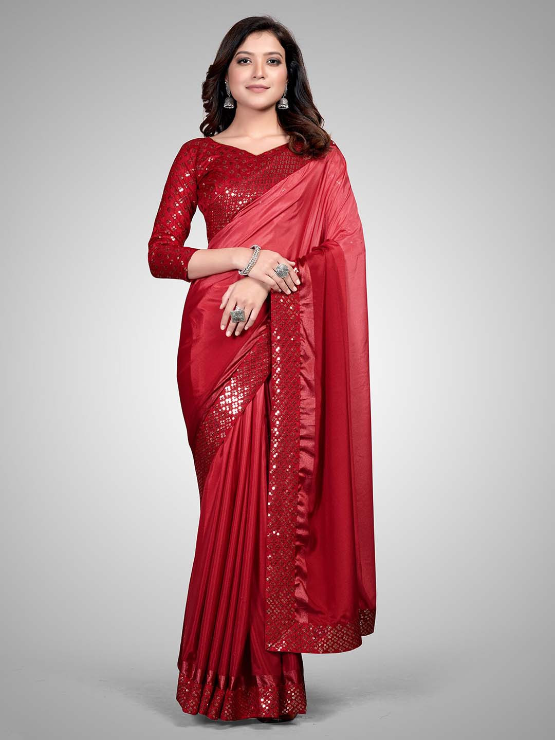 

KALINI Sequinned Embellished Saree, Red
