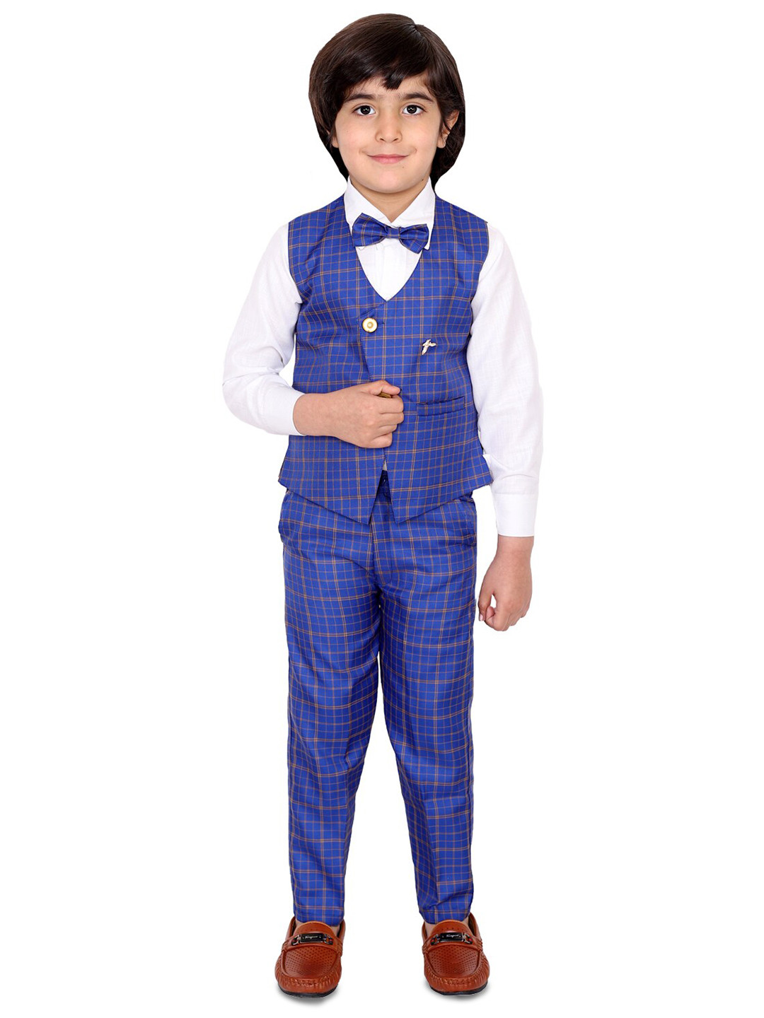 

BAESD Boys Shirt And Checked Trousers With Waistcoat Suit Set, Blue