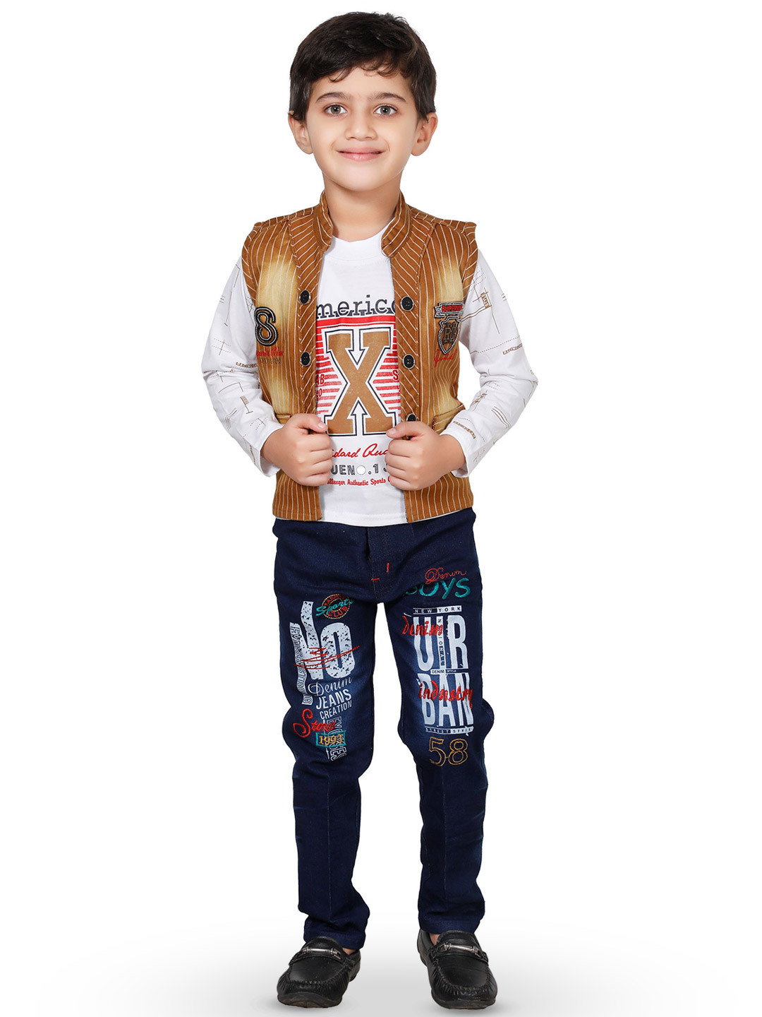 

BAESD Boys Printed T-shirt & Trousers With Waistcoat, Mustard