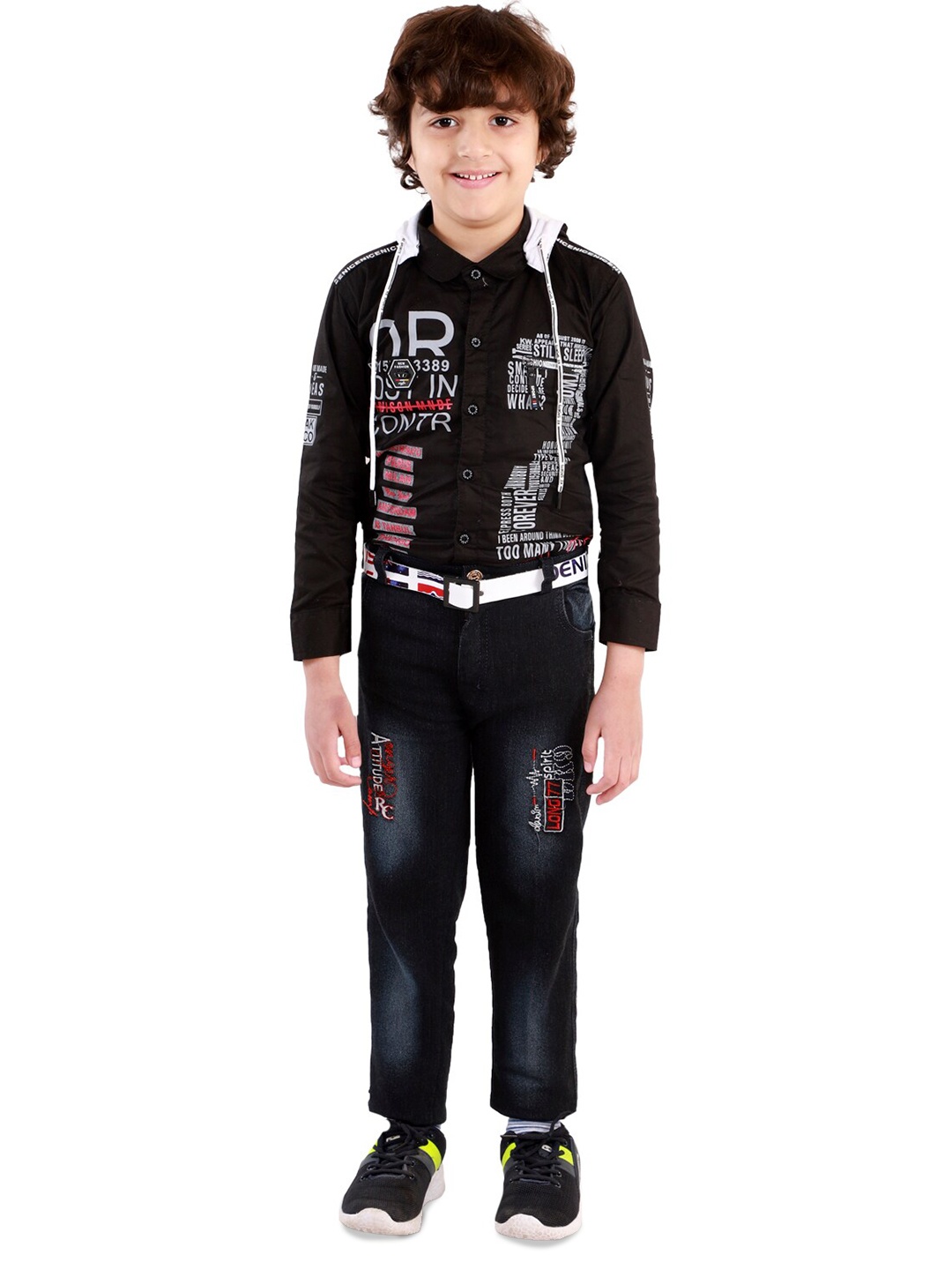 

BAESD Boys Typography Printed Shirt & Trousers With Suspenders, Black