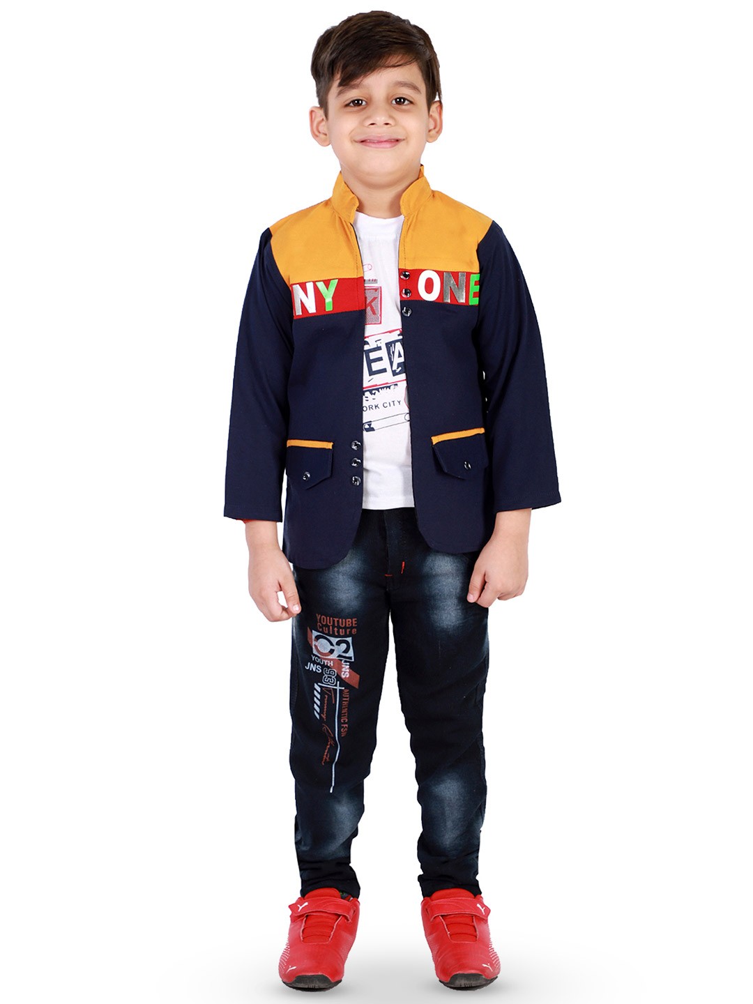

BAESD Boys Printed T-shirt & Trousers With Waistcoat, Navy blue