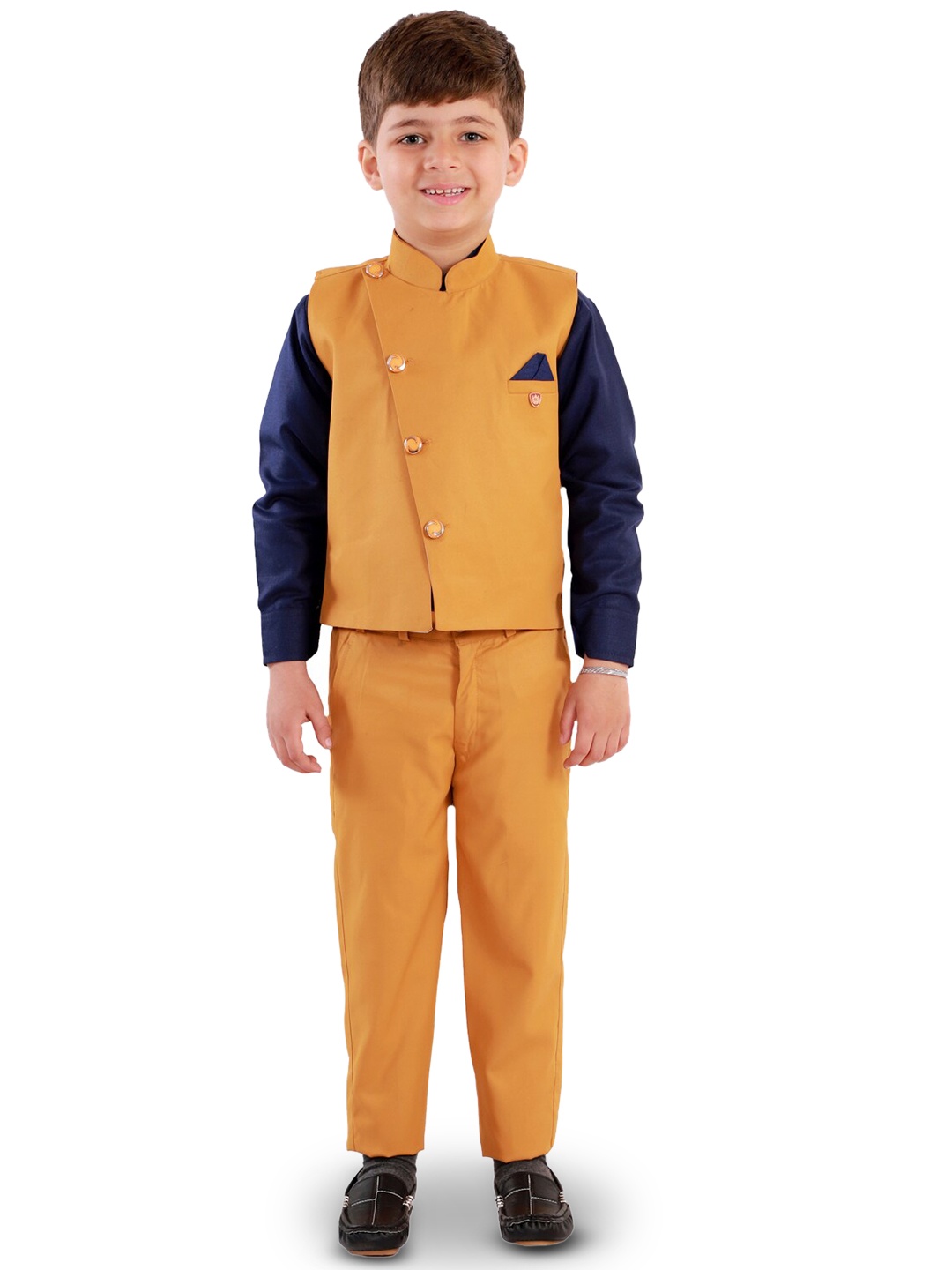 

BAESD Boys Mandarin Collar Shirt Trousers Nehru jacket 3 Piece Party Suit, Mustard