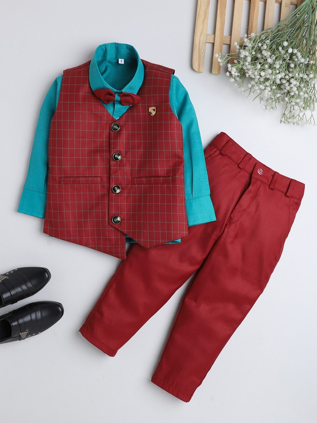 

BAESD Boys Shirt And Checked Trousers With Waistcoat Suit Set, Maroon