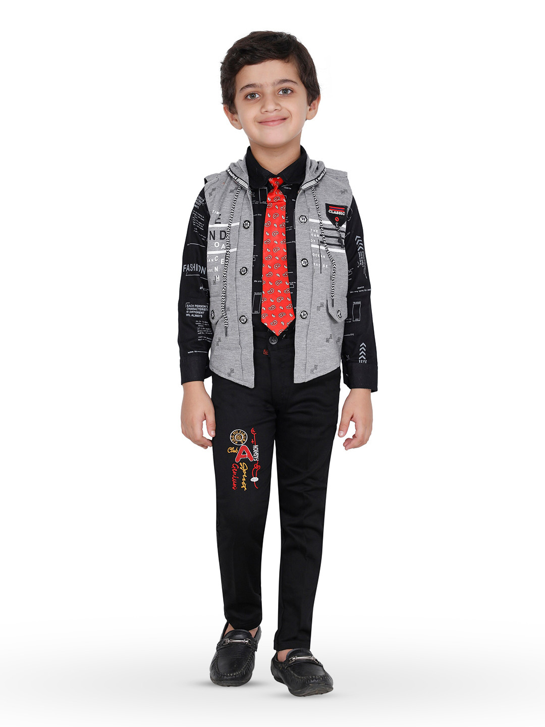 

BAESD Boys Printed Shirt & Trousers With Waistcoat & Tie, Black