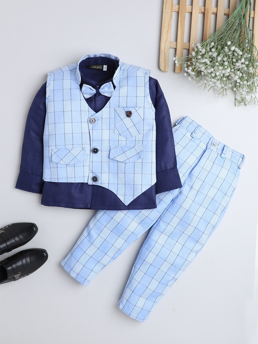 

BAESD Boys Shirt And Checked Trousers With Waistcoat Suit Set, Blue