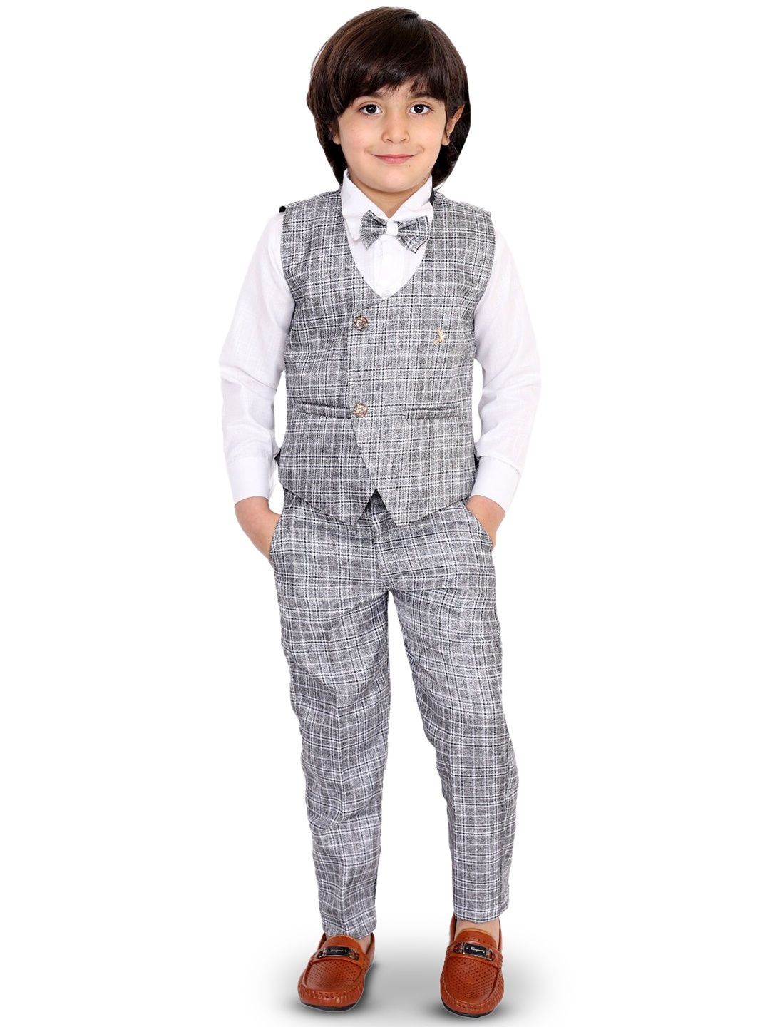 

BAESD Boys 3 Piece Checked Single-Breasted Suit, Grey