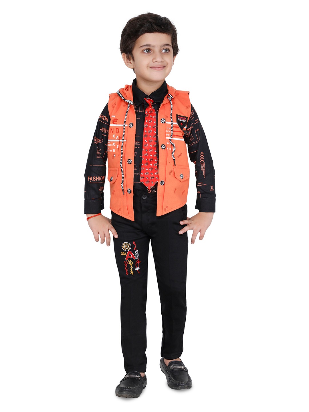 

BAESD Boys Printed Shirt & Trousers With Tie, Orange