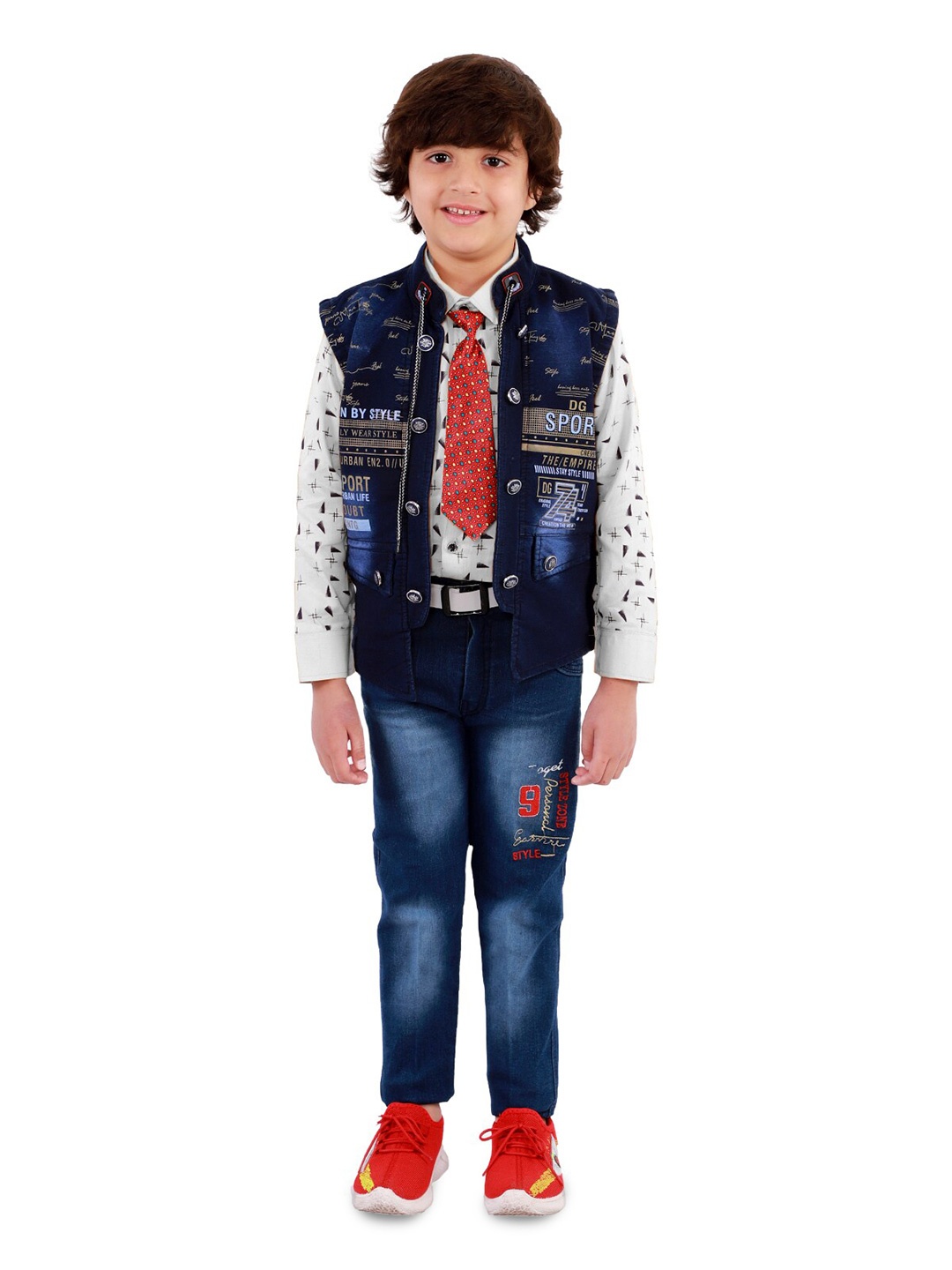 

BAESD Boys Printed Shirt & JeansWith Waistcoat & Tie, White