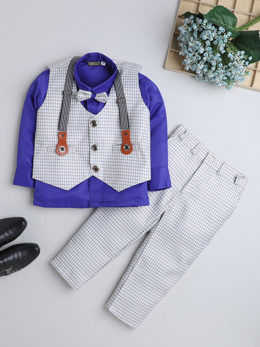 

BAESD Boys Shirt And Checked Trousers With Waistcoat Suit Set, Grey