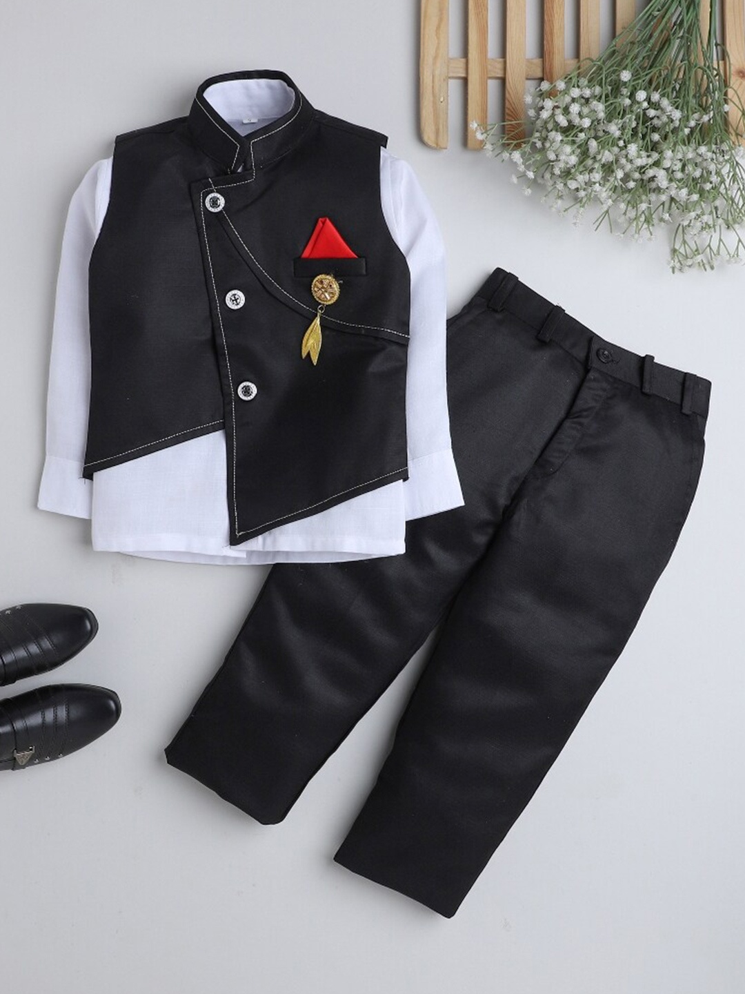 

BAESD Boys 3 Piece Mandarin Collar Single-Breasted Suit, Black