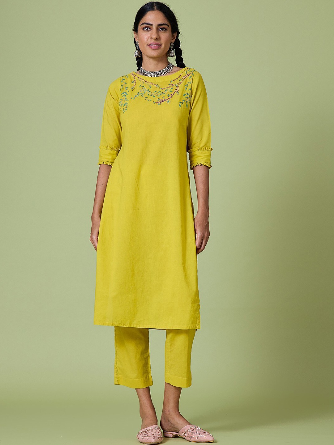 

OKHAI Floral Embroidered Pure Cotton Kurta, Yellow