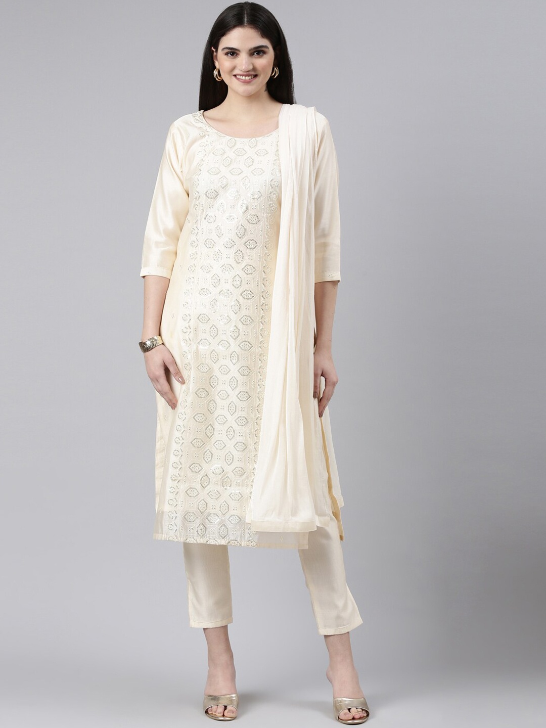 

GOLDSTROMS Geometric Embroidered Sequined Chanderi Silk Kurta with Trousers & Dupatta, Cream