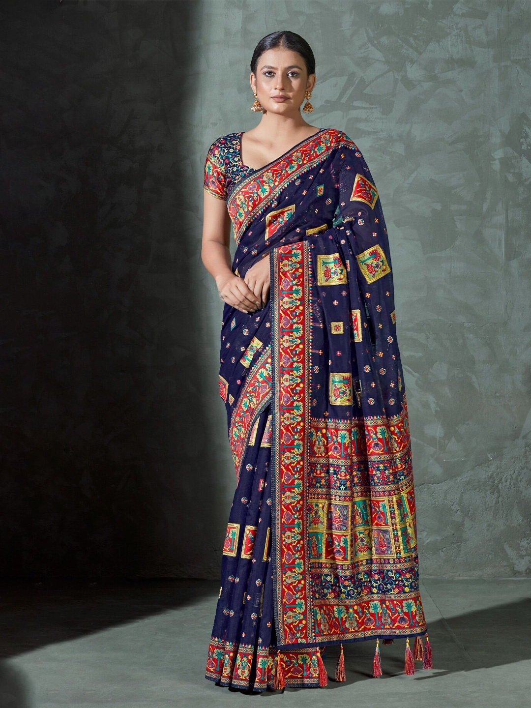 

MONJOLIKA FASHION Ethnic Motif Woven Design Silk Cotton Jamdani Saree, Navy blue