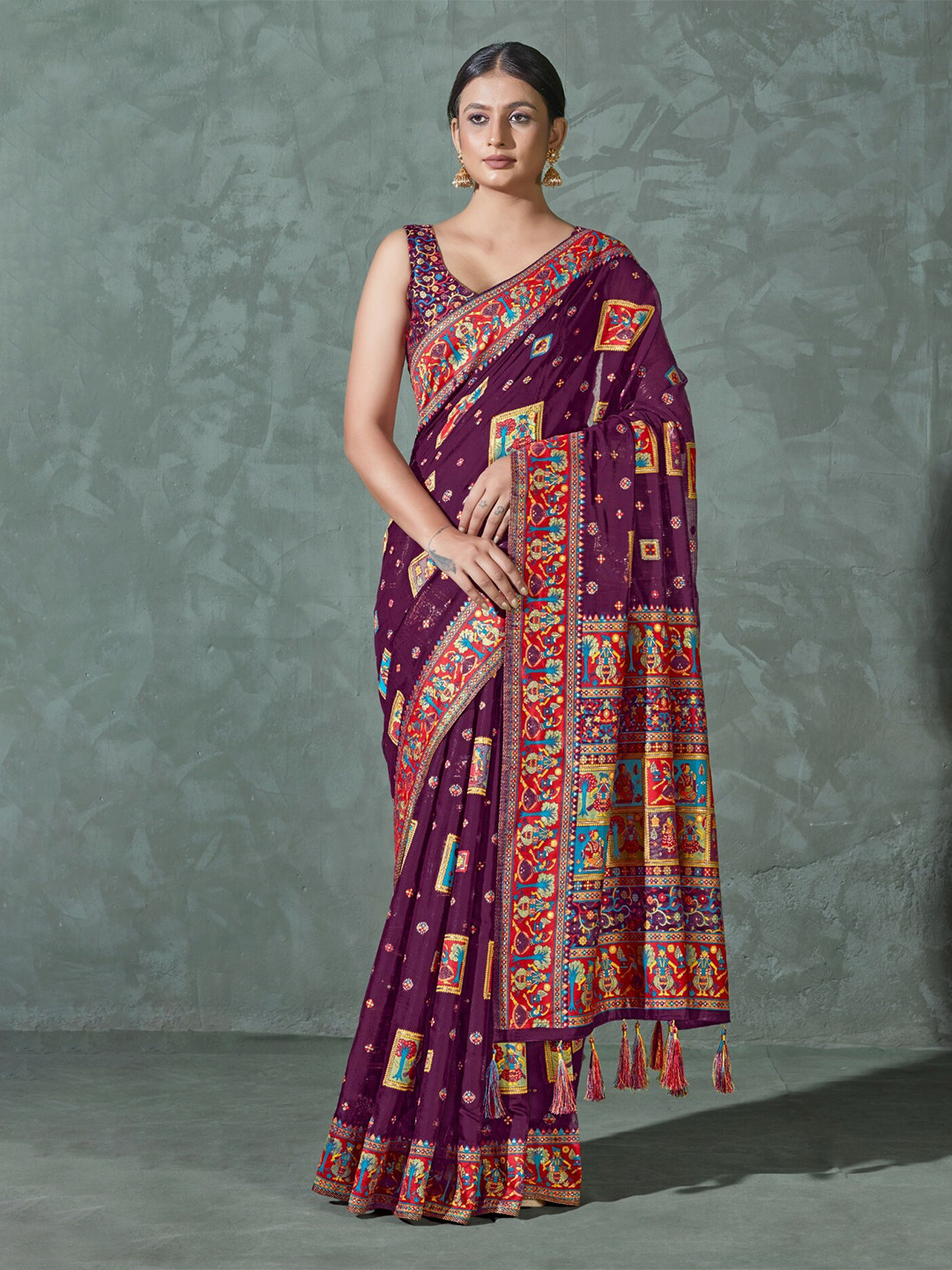 

MONJOLIKA FASHION Ethnic Motif Woven Design Silk Cotton Jamdani Saree, Purple