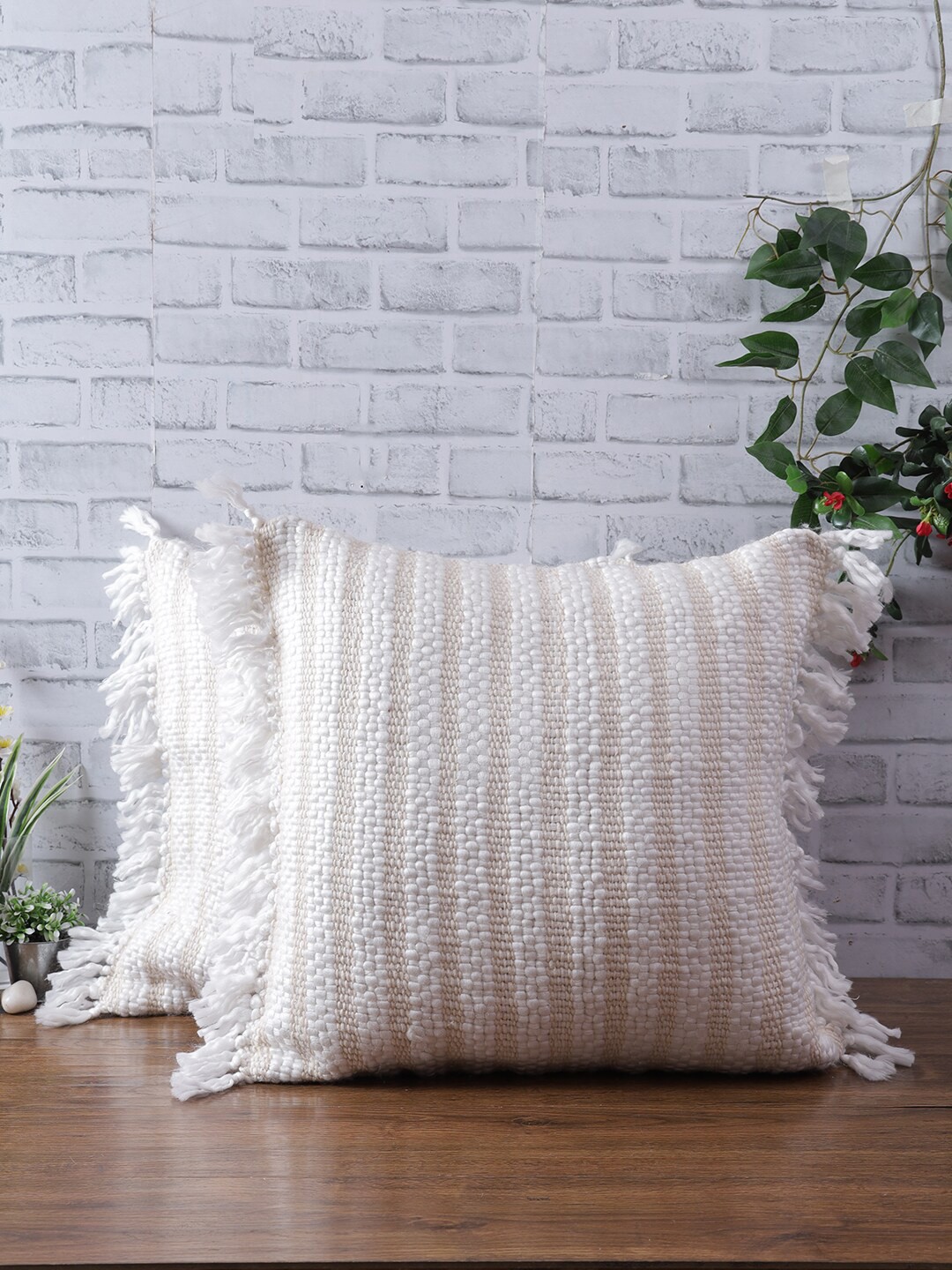 

eyda White & Brown 2 Pieces Striped Square Cushion Covers