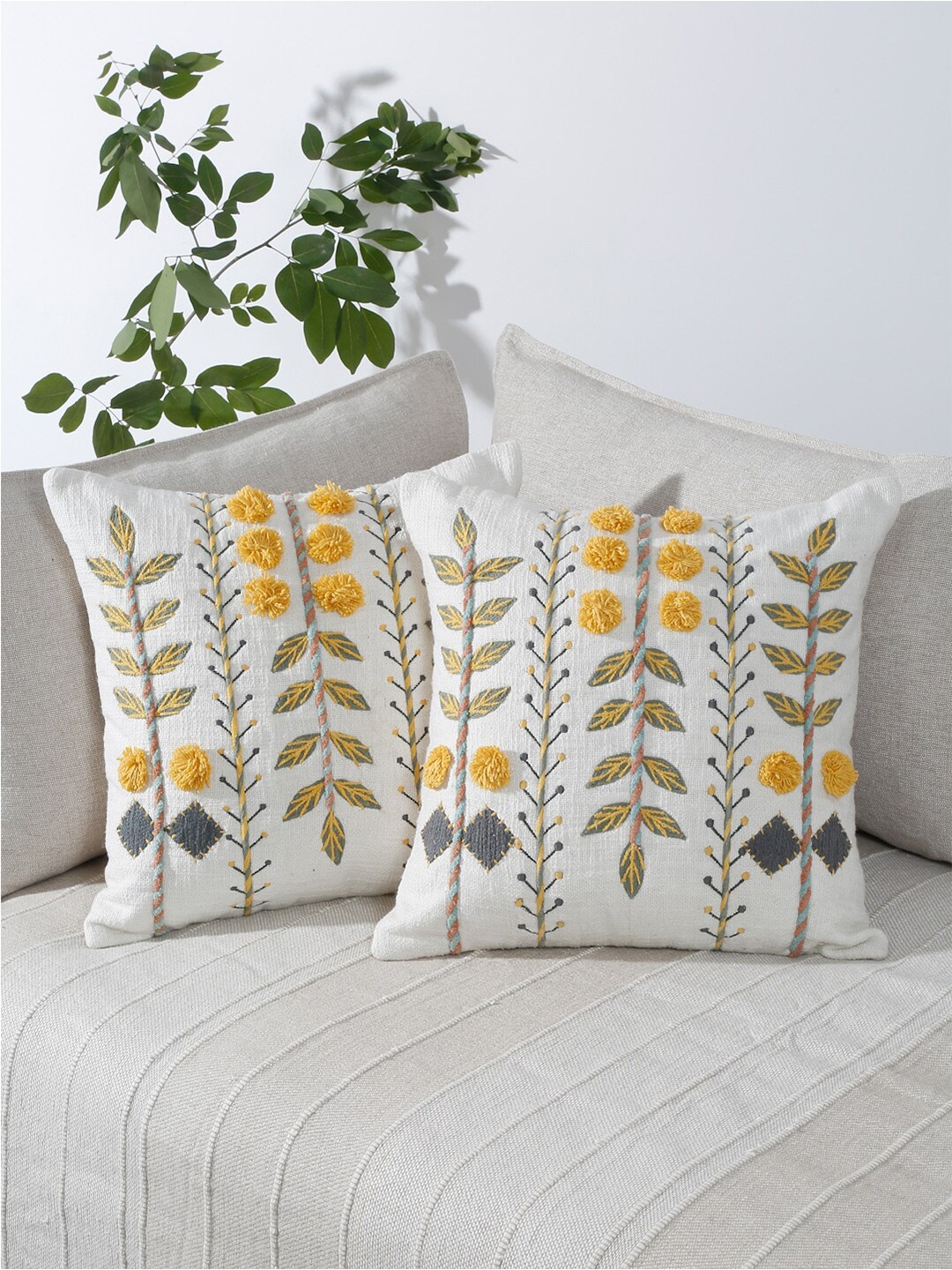 

eyda White & Yellow 2 Pieces Cotton Embroidered Square Cushion Covers