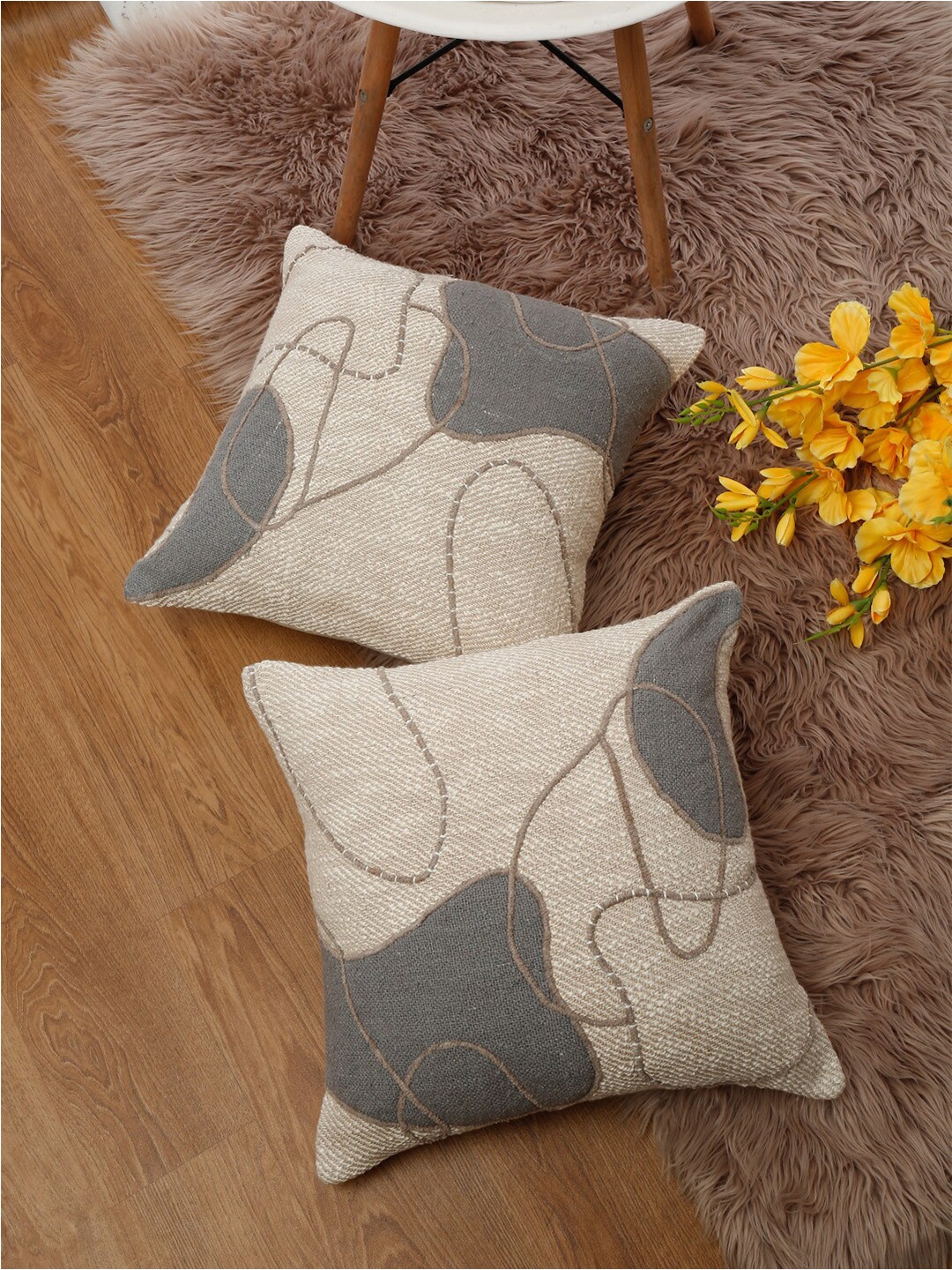 

eyda Beige & Grey 2 Pieces Cotton Embroidered Square Cushion Covers