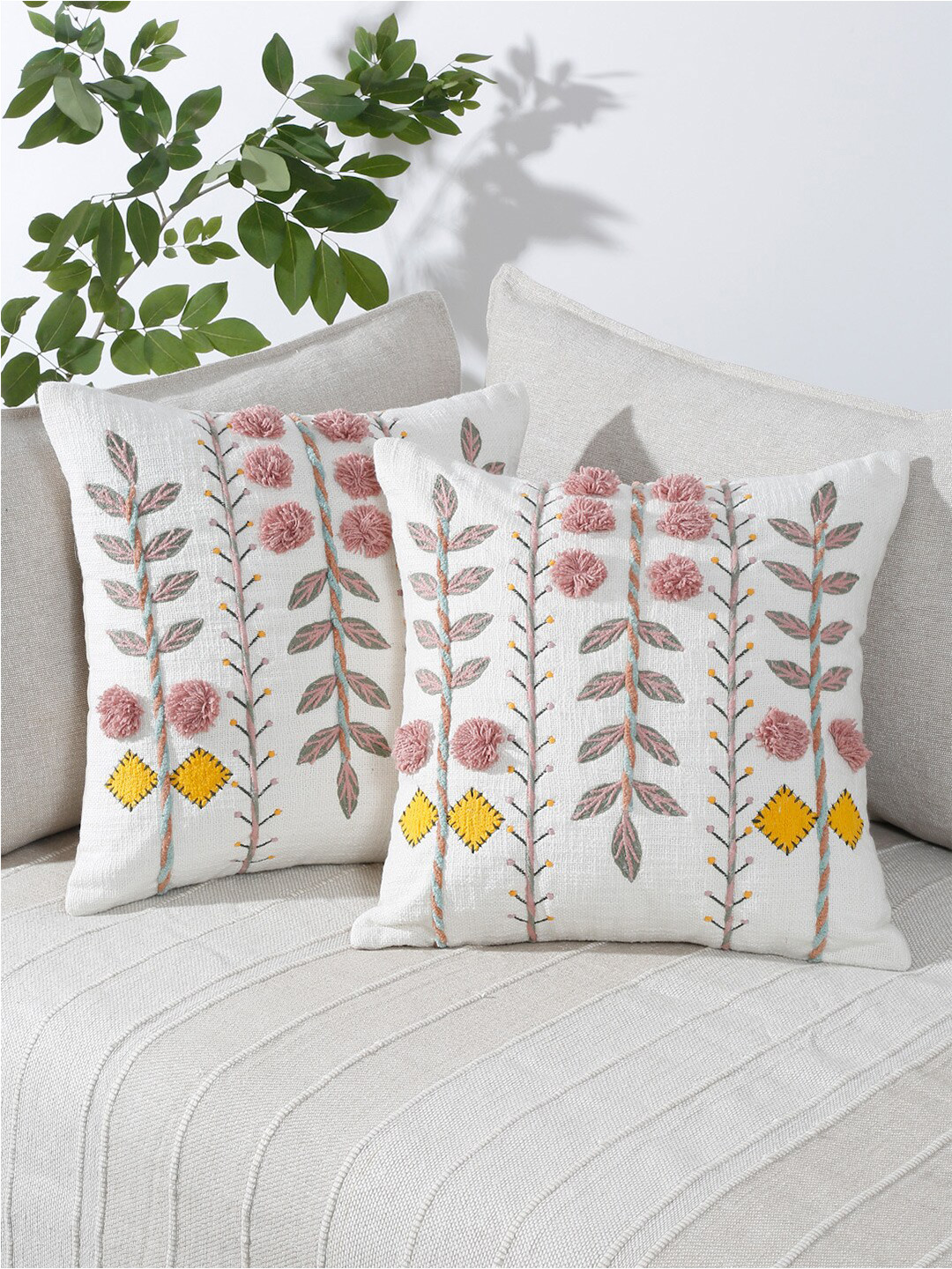

eyda White & Pink 2 Pieces Cotton Embroidered Square Cushion Covers