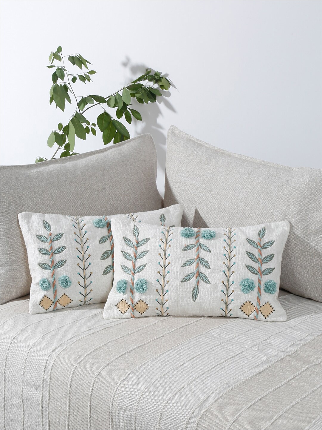 

eyda White & Turquoise Blue 2 Pieces Cotton Embroidered Rectangle Cushion Covers