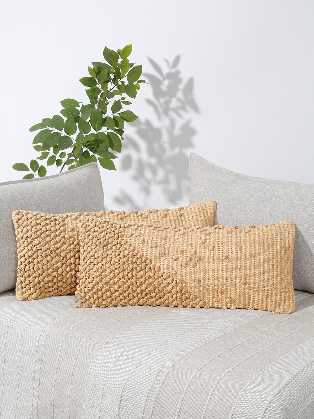 

eyda Beige 2 Pieces Cotton Self Design Rectangle Cushion Covers