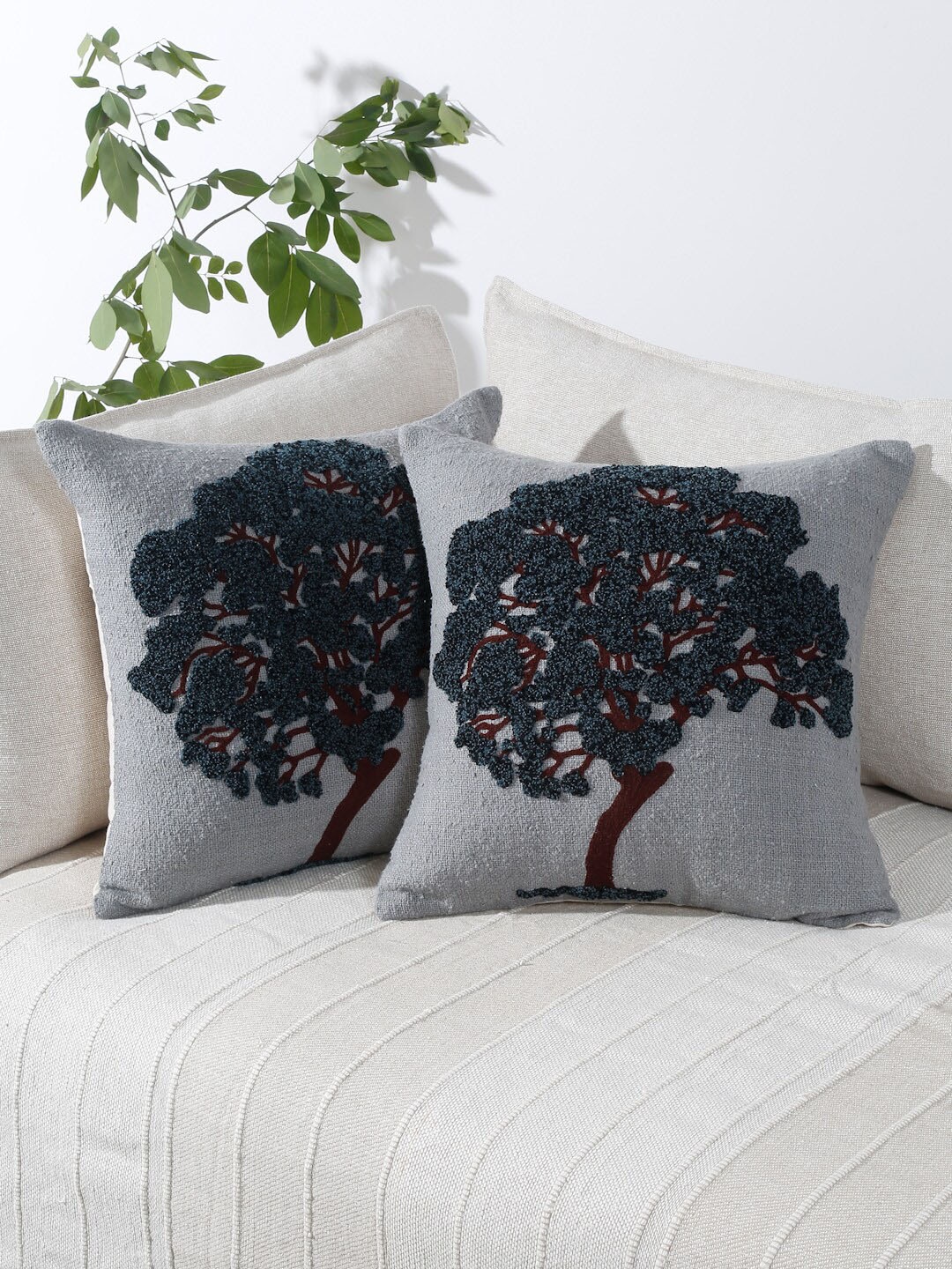 

eyda Grey & Black 2 Pieces Cotton Embroidered Square Cushion Covers