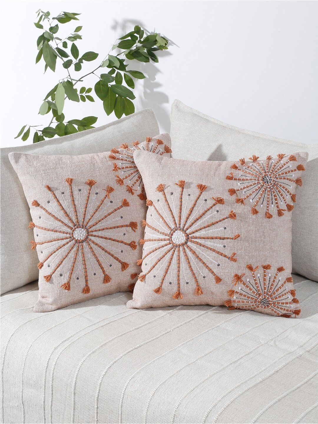 

eyda Peach-Coloured & White 2 Pieces Cotton Embroidered Square Cushion Covers