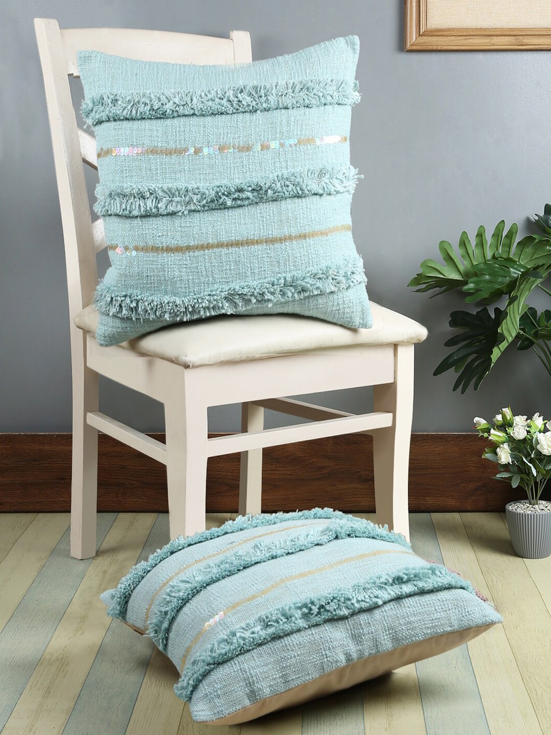

eyda Turquoise Blue & Gold-Toned 2 Pieces Striped Cotton Square Cushion Covers