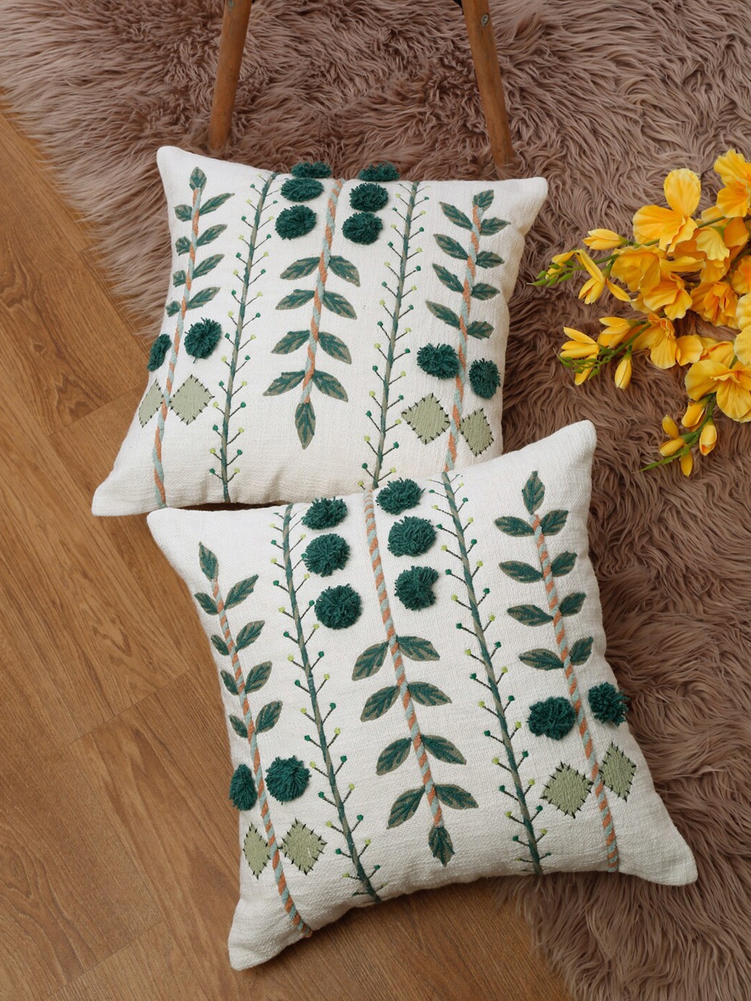 

eyda White & Green 2 Pieces Cotton Embroidered Square Cushion Covers