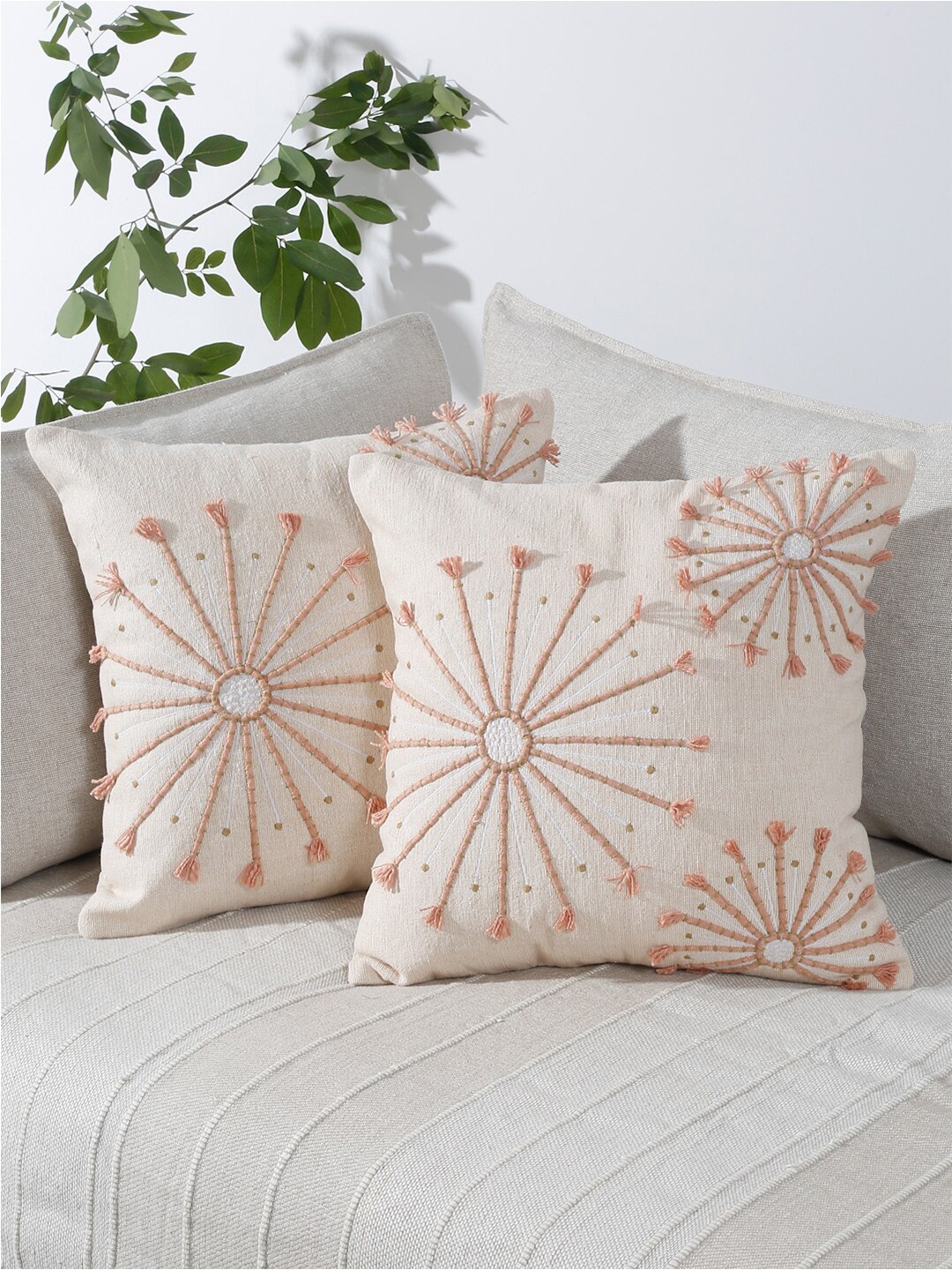

eyda Beige & White 2 Pieces Cotton Embroidered Square Cushion Covers