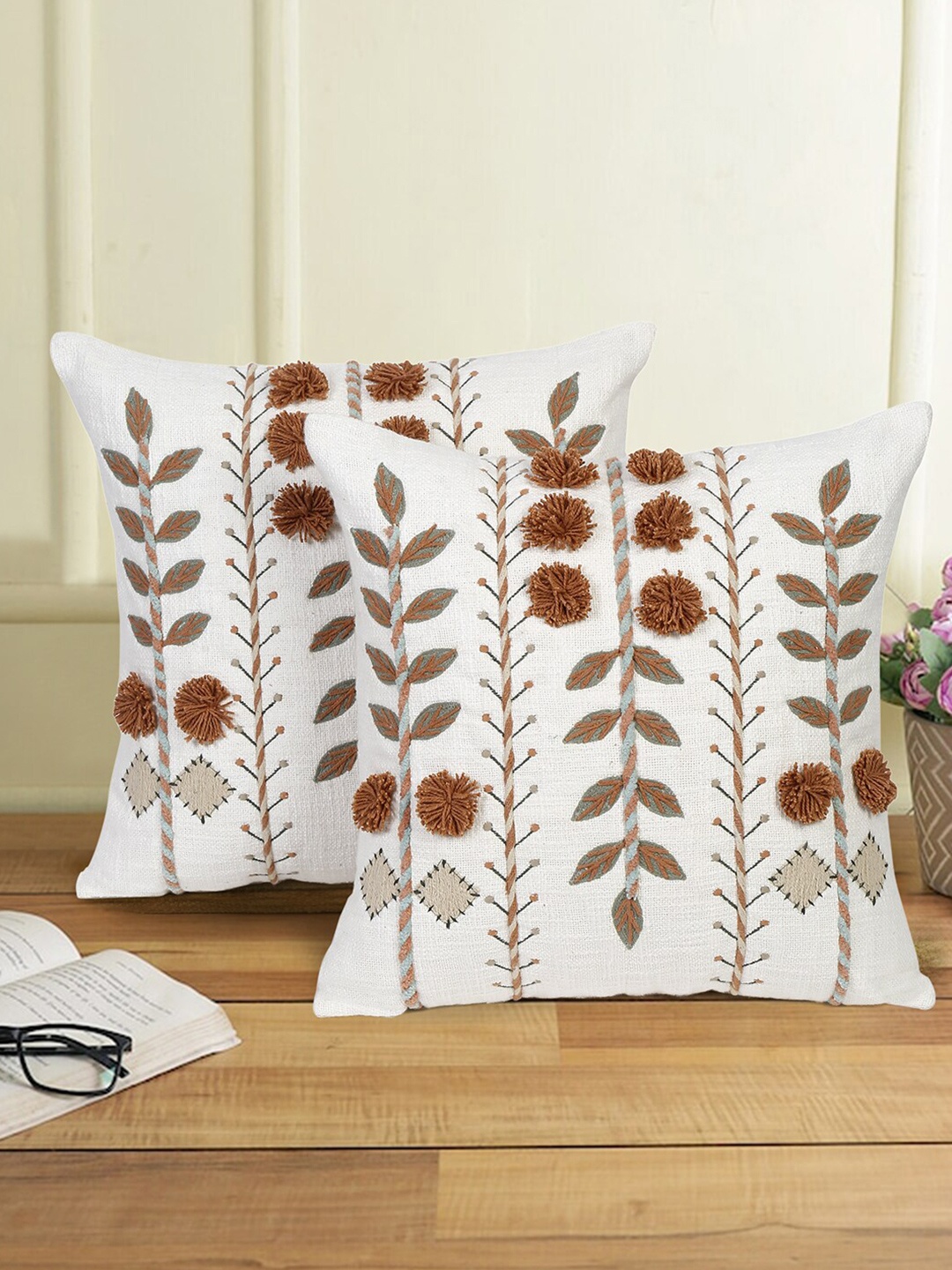 

eyda White & Brown 2 Pieces Cotton Embroidered Square Cushion Covers
