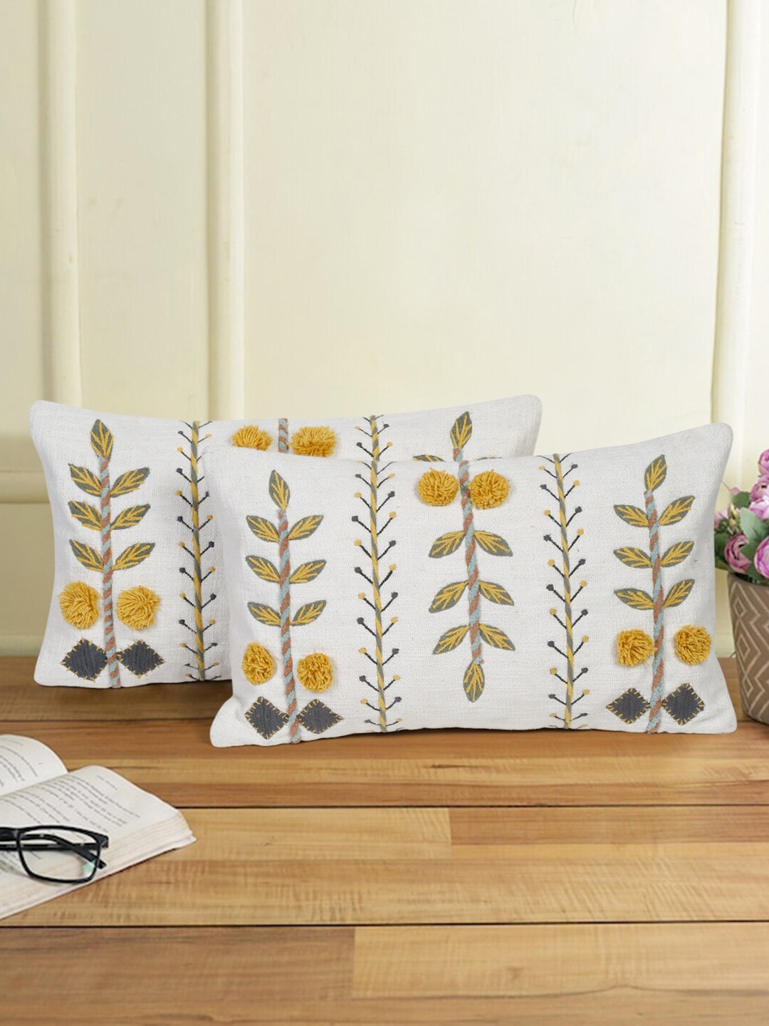 

eyda White & Yellow 2 Pieces Cotton Embroidered Rectangle Cushion Covers