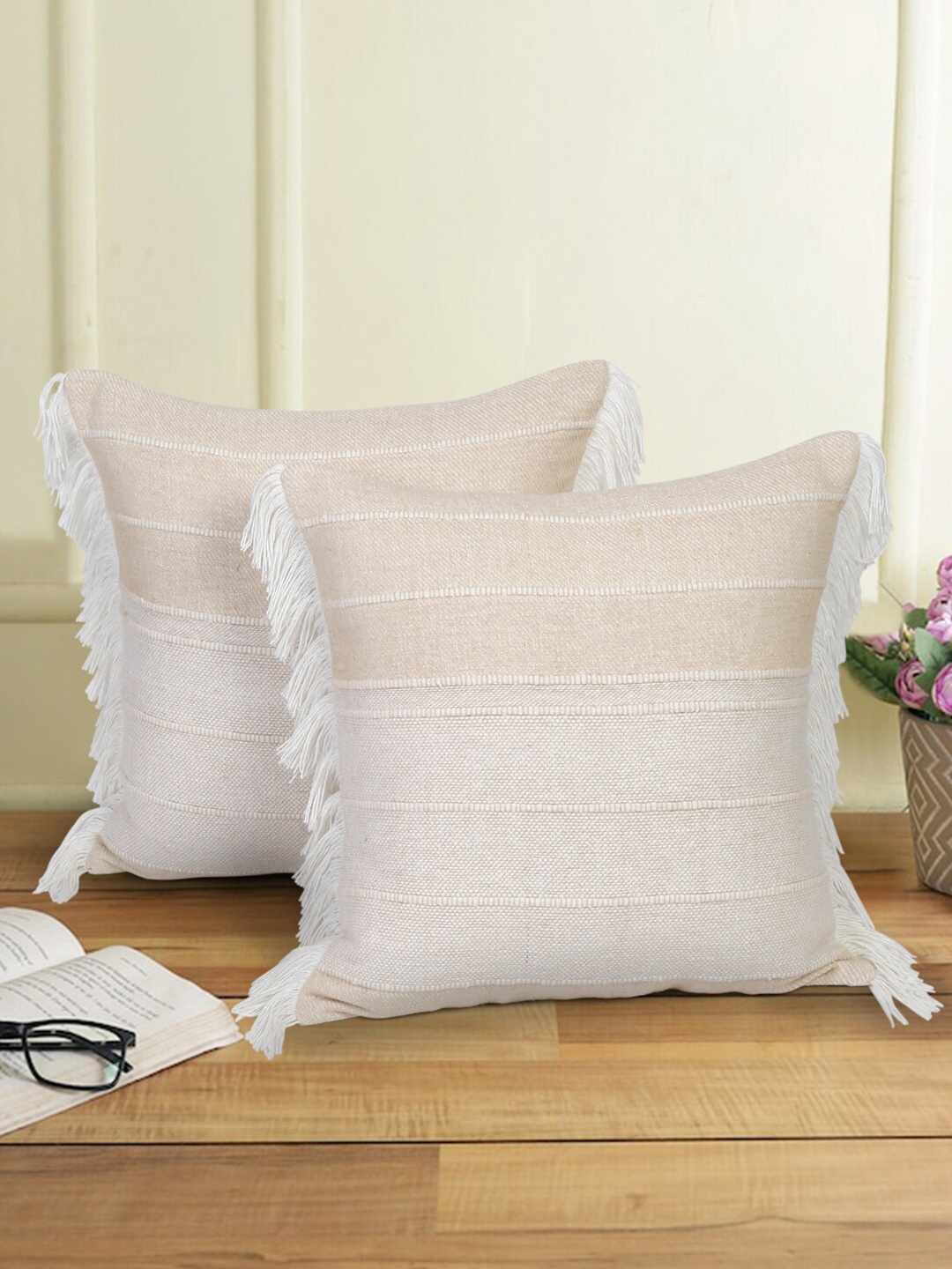 

eyda Off White 2 Pieces Cotton Striped Square Cushion Covers