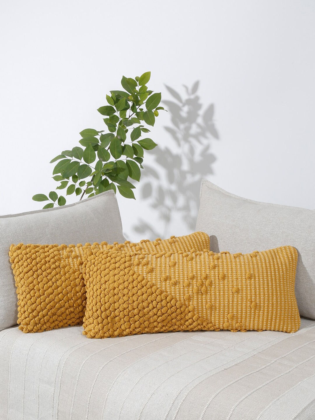 

eyda Mustard 2 Pieces Self Design Cotton Rectangle Cushion Covers