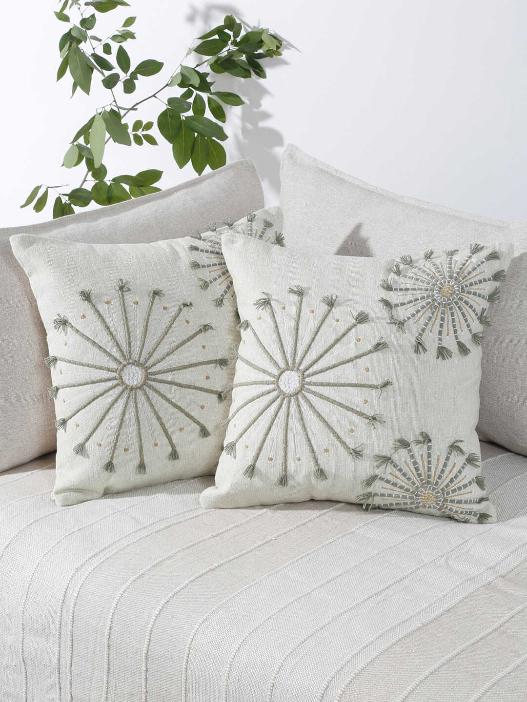 

eyda Green & White 2 Pieces Cotton Embroidered Square Cushion Covers