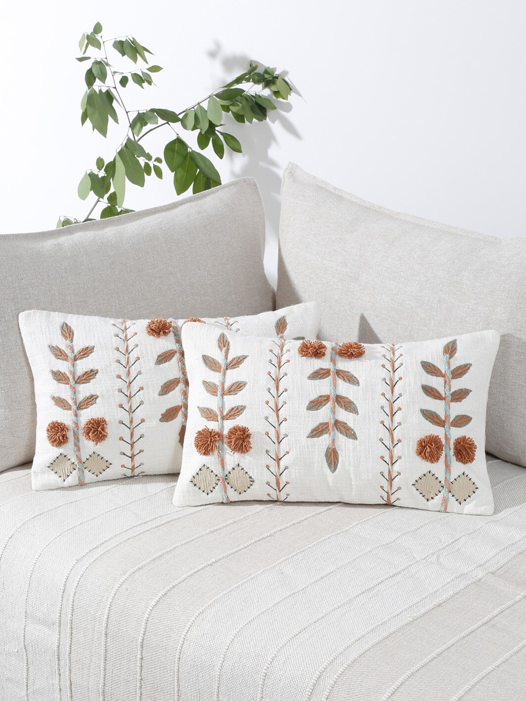 

eyda White & Brown 2 Pieces Cotton Embroidered Rectangle Cushion Covers