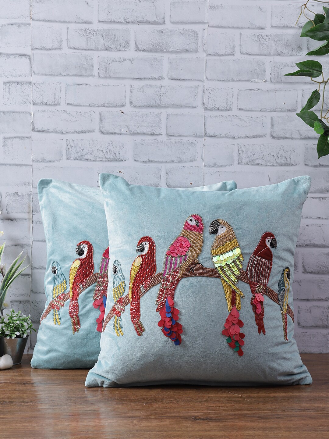 

eyda Turquoise Blue & Red 2 Pieces Velvet Embellished Velvet Square Cushion Covers