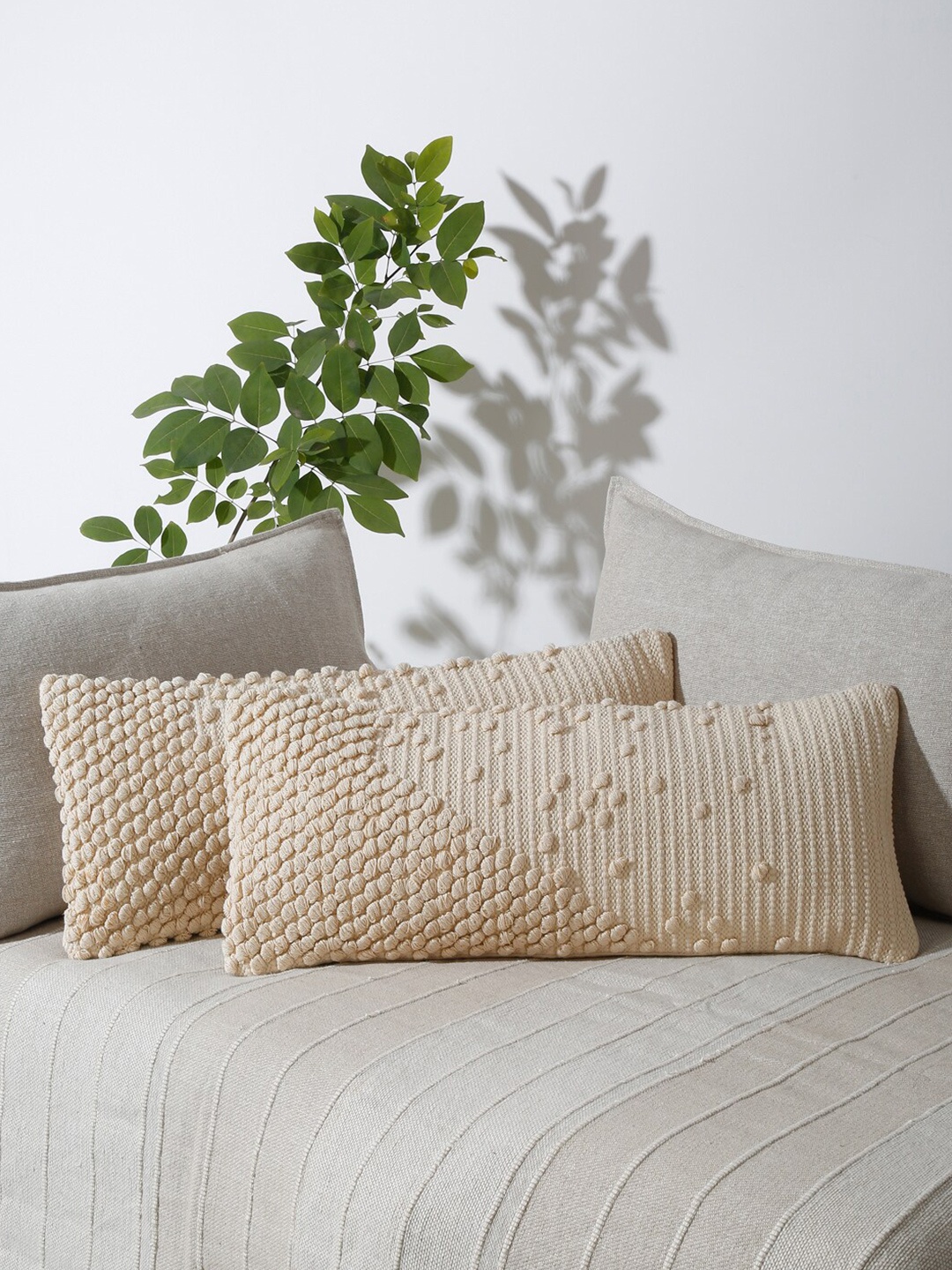 

eyda Beige 2 Pieces Cotton Self Design Rectangle Cushion Covers