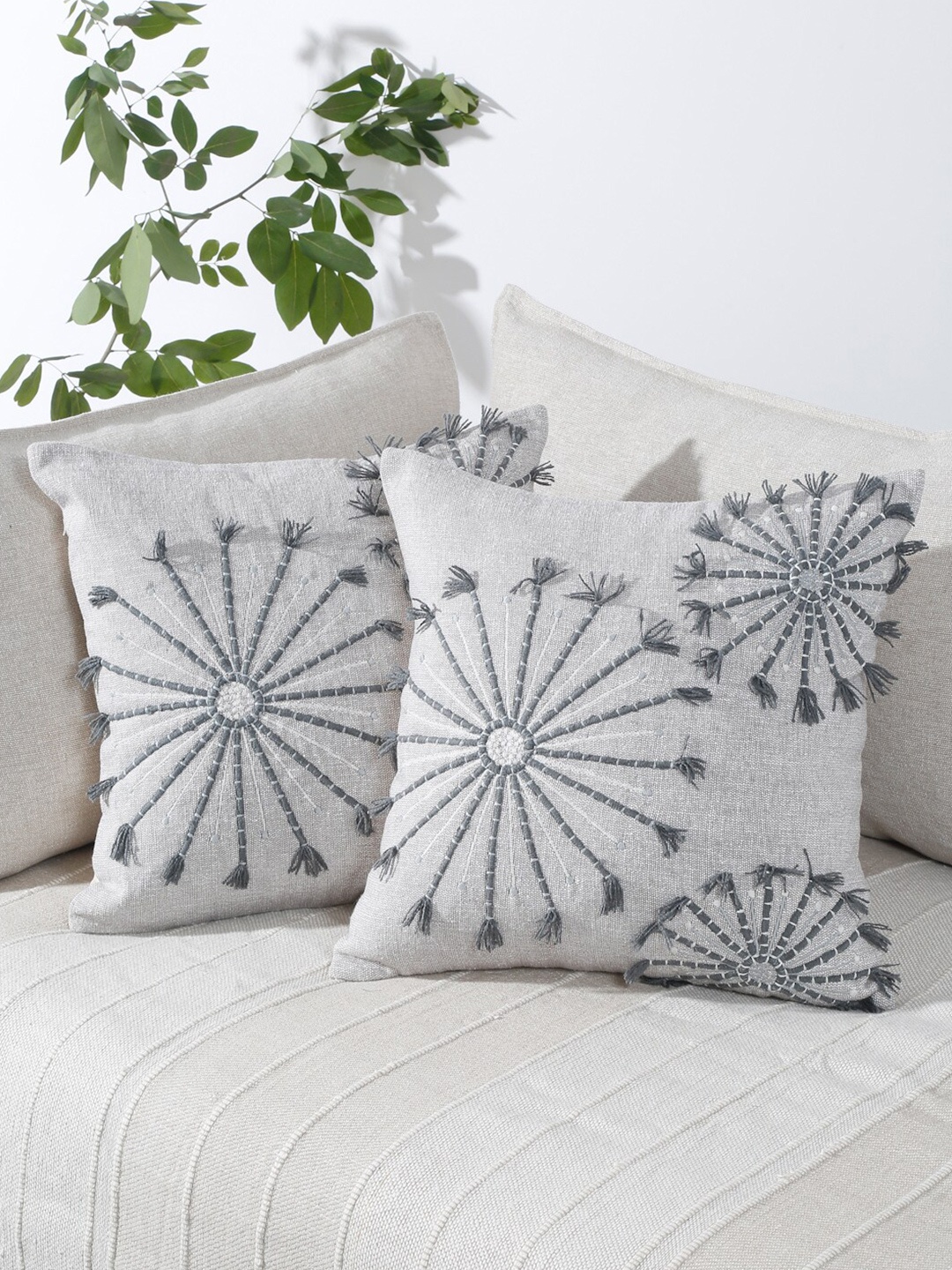 

eyda Grey 2 Pieces Cotton Embroidered Square Cushion Covers