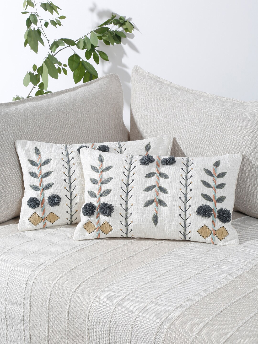 

eyda White & Grey 2 Pieces Cotton Embroidered Rectangle Cushion Covers