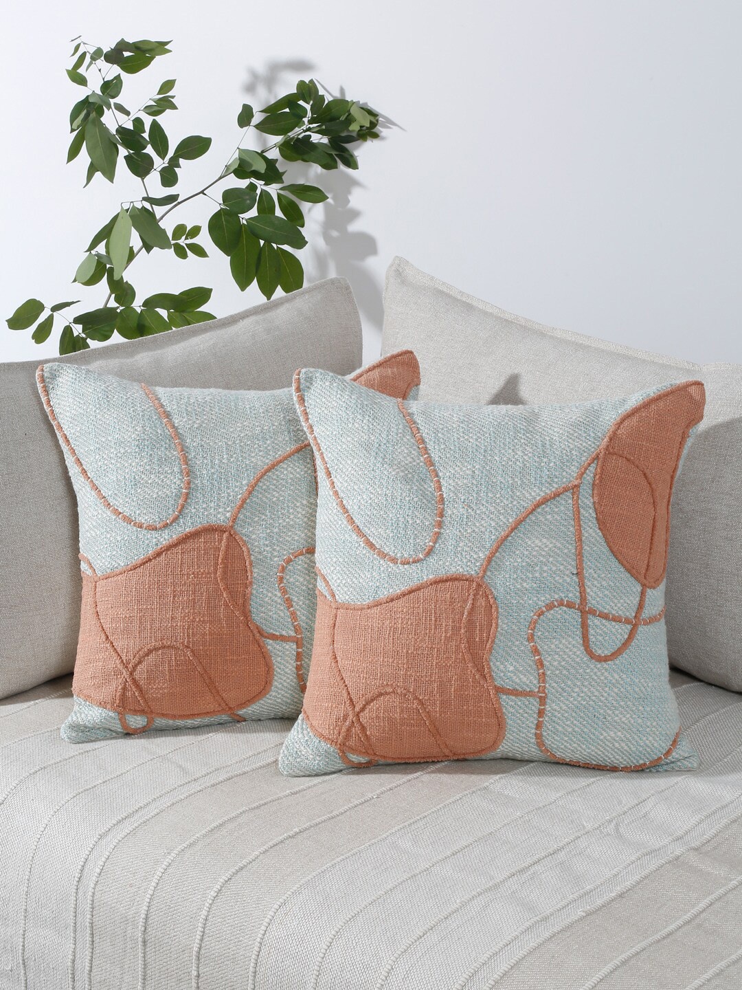 

eyda Peach-Coloured & Blue 2 Pieces Cotton Quirky Square Cushion Covers