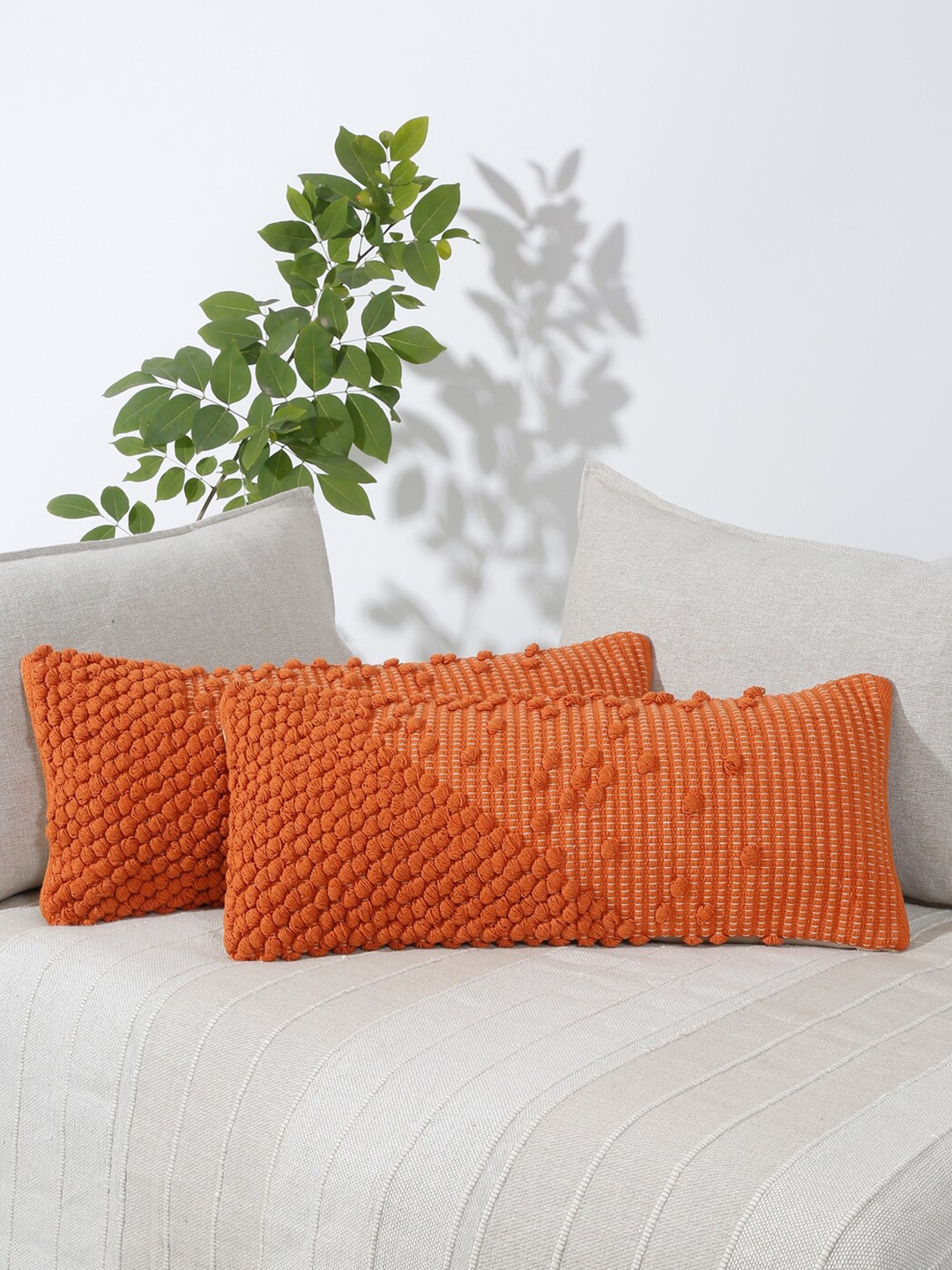 

eyda Orange 2 Pieces Self Design Cotton Rectangle Cushion Covers