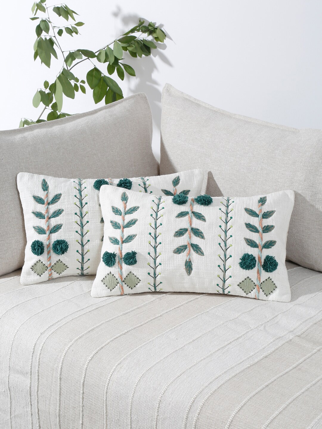 

eyda White & Green 2 Pieces Cotton Embroidered Rectangle Cushion Covers