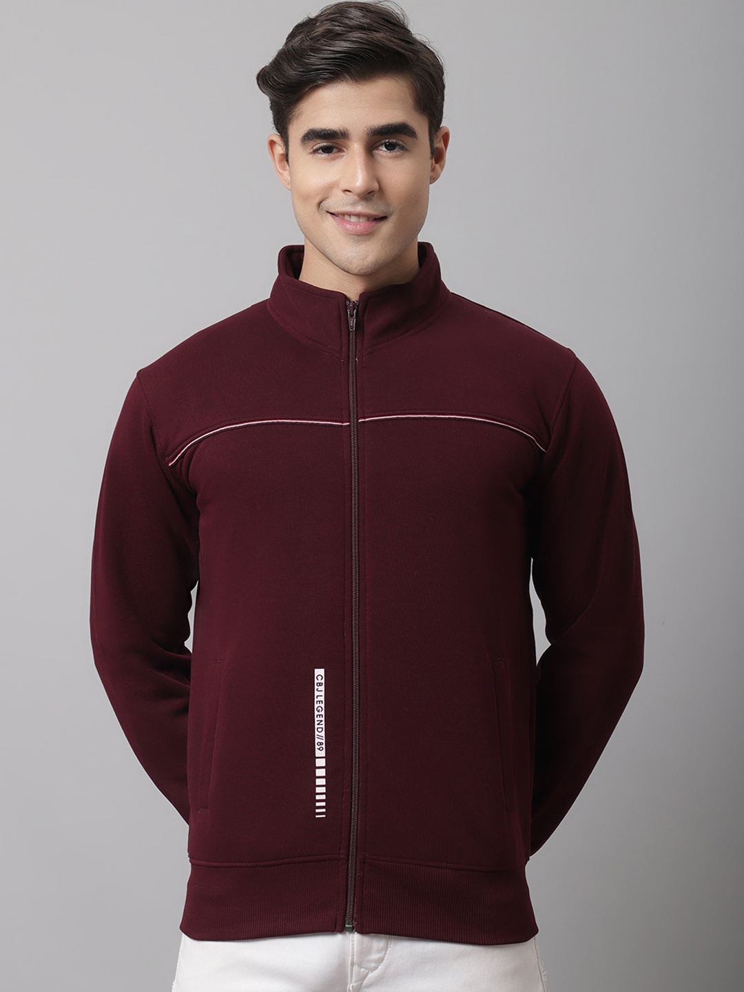 

Cantabil Mock Collar Front Open Fleece Sweatshirt, Burgundy