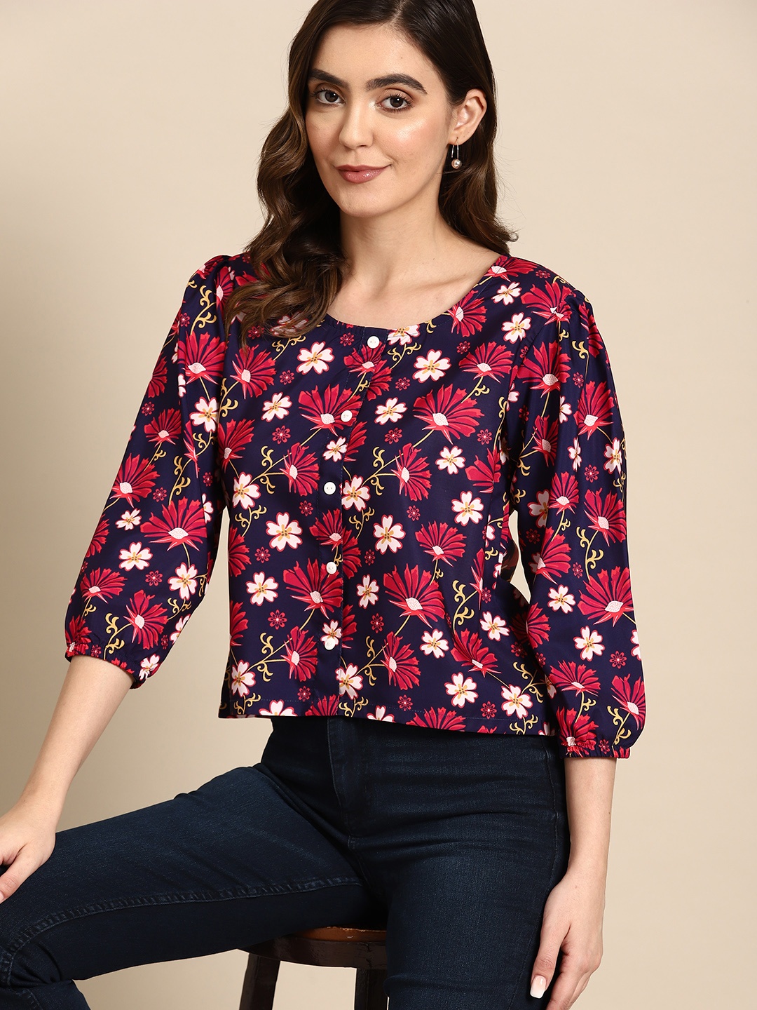 

all about you Floral Print Puff Sleeves Crepe Top, Navy blue